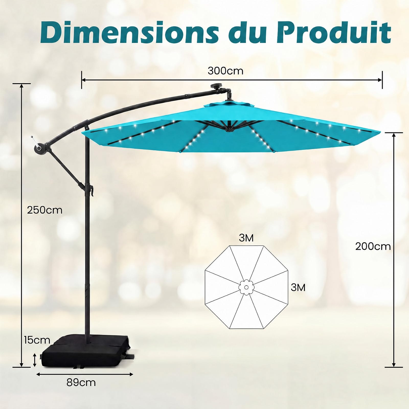 RELAX4LIFE Parasol Déporté 3x3M LED Solaire Inclinable (bleu turquoise)