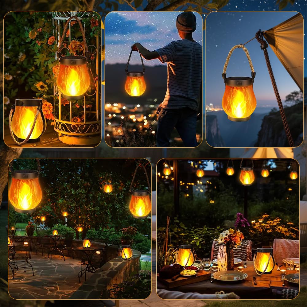2 Pezzi Lanterna Solare a Fiamma, Lanterne Solari da Esterno Fiamma, Ricarica Solare 2 in 1 e USB Ricaricabile, 1500 mAh, IP65, Lanterne Solari Effetto Fiamma per Giardino, Cortile e Campeggio
