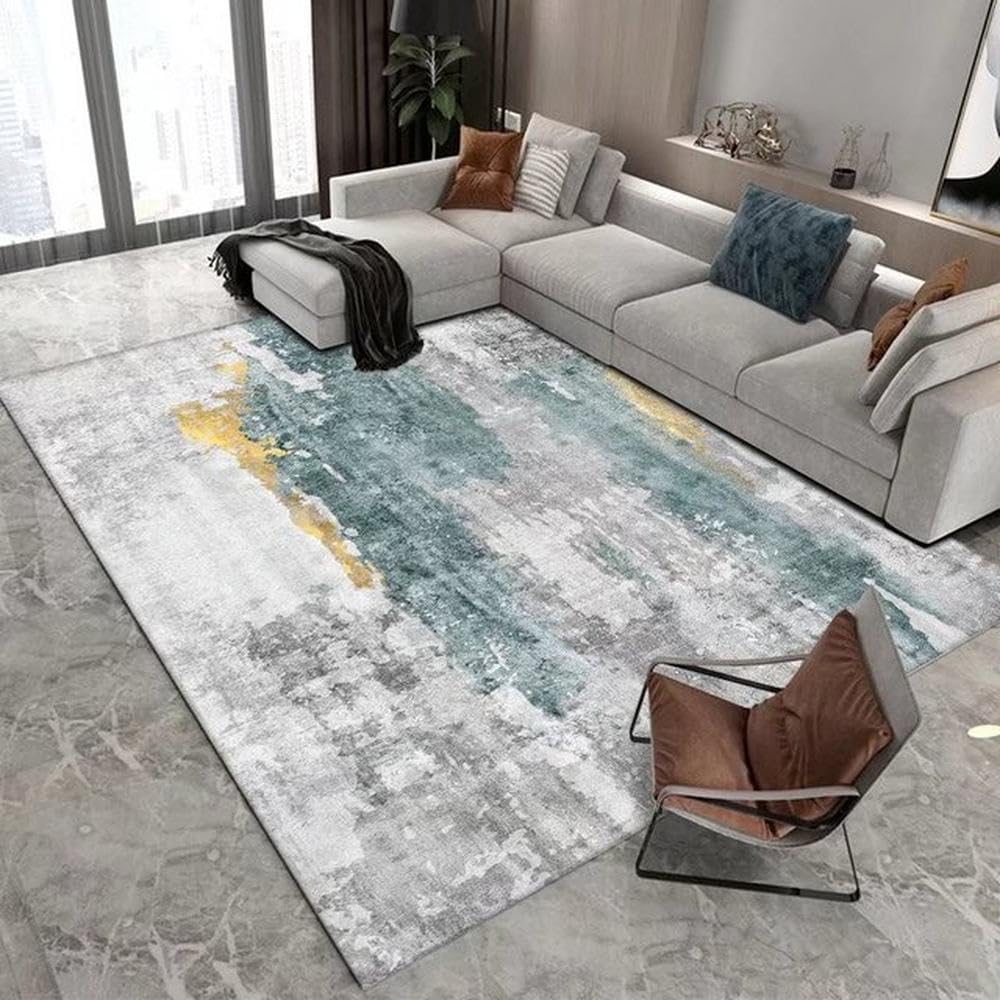 Tapis gris clair et vert moderne pour salon et grande chambre | 140x200 cm