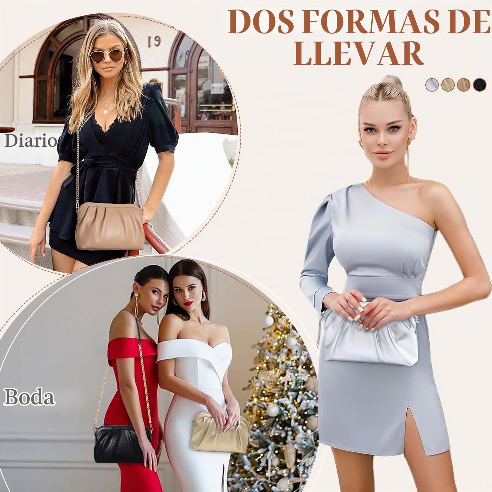 VASCHY Bolso Fiesta Mujer Cuero con Correa de Hombro Extraíble | Bolso Dorado Forma Concha Plisado,Cierre Superior de Cremallera,Bolsillos internos,Uso al Hombro o Cruzado