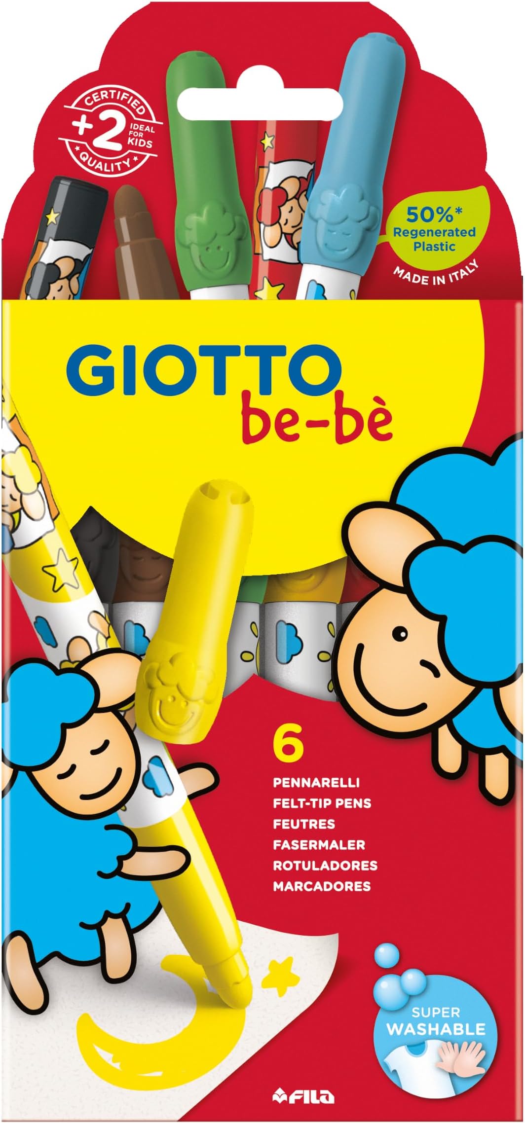Felt-Tip Pens, 6 Assorted Colours Pack, Super-Washable, Perfect for Young Kids