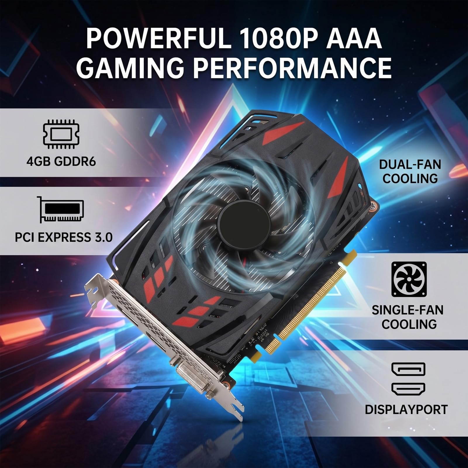 Jectse Scheda Grafica, GPU da Gioco GDDR6 da 4 GB a 128 Bit con PCI Express 3.0 X16, Supporto 1080p 1440p, Raffreddamento a Ventola Singola per Giochi per Computer