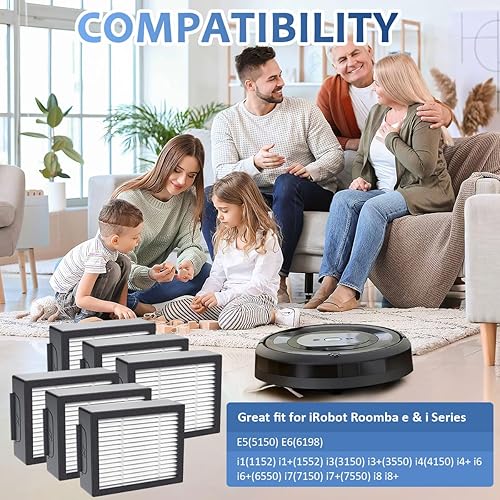 Miniatura 4 de Paquete de 6 filtros de alta eficiencia 4639161 para piezas de repuesto iRobot, Roomba e, i & j Series y Roomba Combo i1+ i3 i3+ i4 i5 y j5 Series