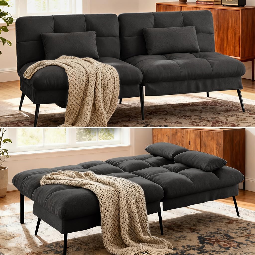 COMHOMA Convertible Sofa Bed,72?Fabric Couch with Adjustable Backrest,Loveseat Recliner Sleeper Living Room Furniture futon Set (Black)