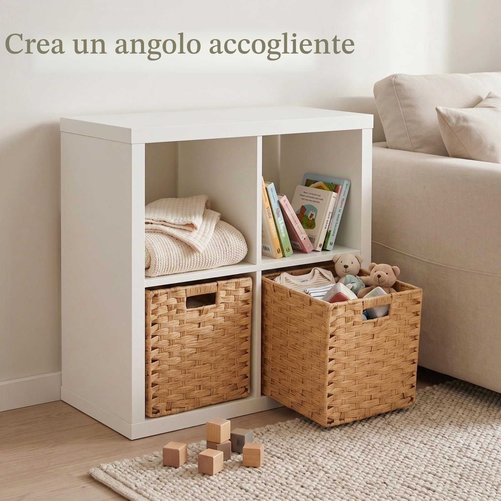 scatola contenitore cubica, 28x28x28 cm, cesto portaoggetti in finto rattan per giocattoli, vestiti, scaffale per cameretta, armadio, impermeabile, antimuffa (beige, confezione da 2)