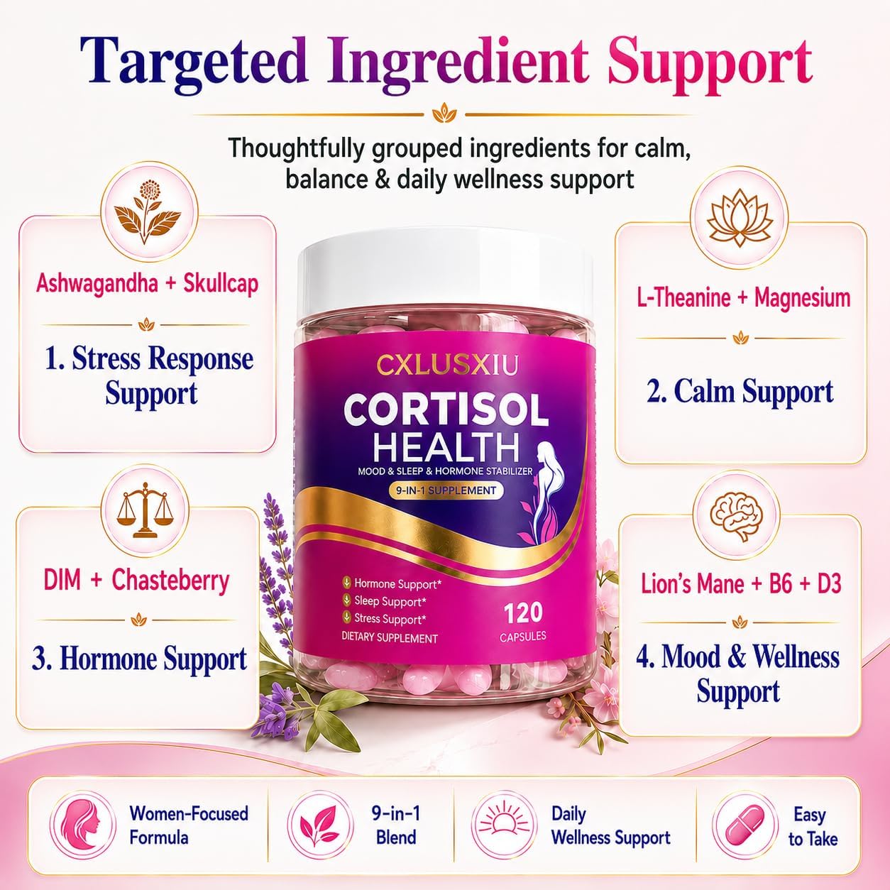 Cortisol Support Supplement for Women, Calm Mood, Healthy Stress Response, Relaxation & Hormonal Balance Support with Ashwagandha, L-Theanine, Magnesium, DIM, Chasteberry, Melatonin, 120 Capsules