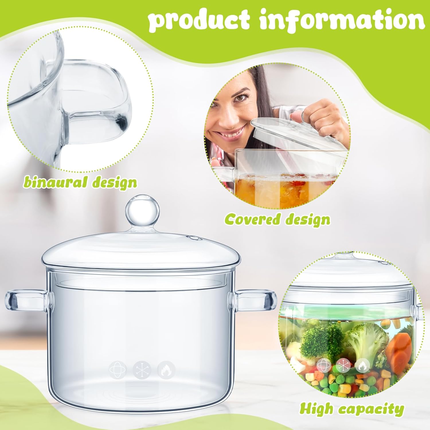 Uiifan 2 Pcs Glass Cooking Pot with Cover and Handle Heat Resistant 44 oz and 50 oz Glass Cookware Set Clear Simmer Pot Handmade Glass Saucepan for Noodles Soup Tea Milk Pasta