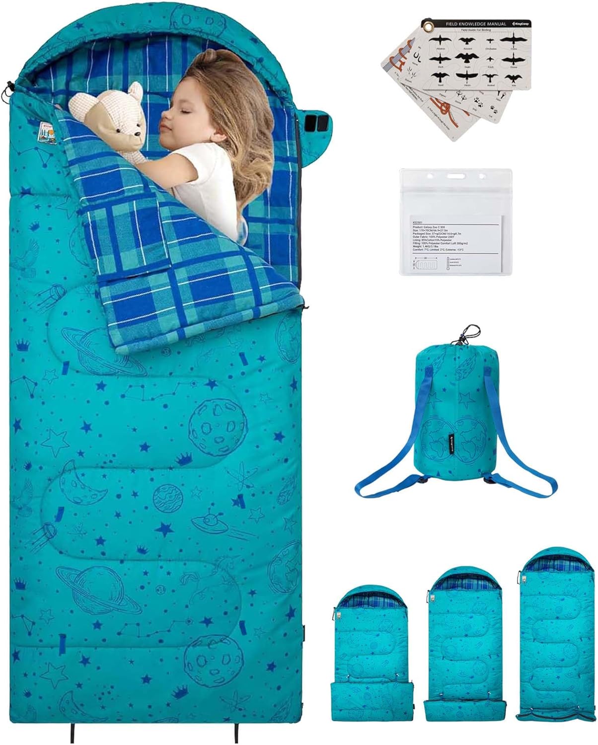 KingCamp 45°F Kids Sleeping Bag, Lightweight Waterproof & Compact Flannel Sleeping Bags Cold Weather & Warm Youth Essentials Gear Accessories for Camping, Fits 10-12 Children up to 5'5" Tall 8.6°F ~44.6°F Cyan Left 4-in-1 66.9" x 27.5"