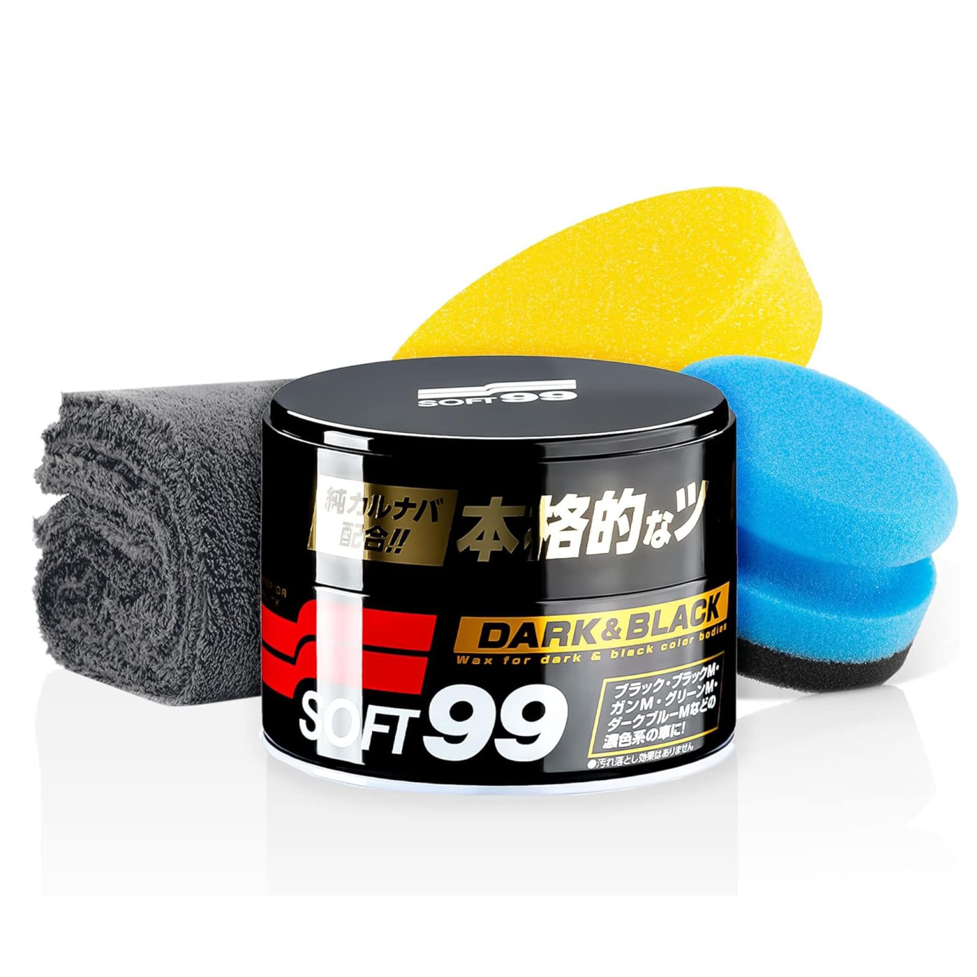 Soft99 Auto Versiegelung Set für dunkle Lacke - Dark & Black Wax Auto Hartwachs, für schwarze/dunkle Autolacke 300 g + Handpolierschwamm Applikator + Mikrofaser Poliertuch 550GSM 40x40cm