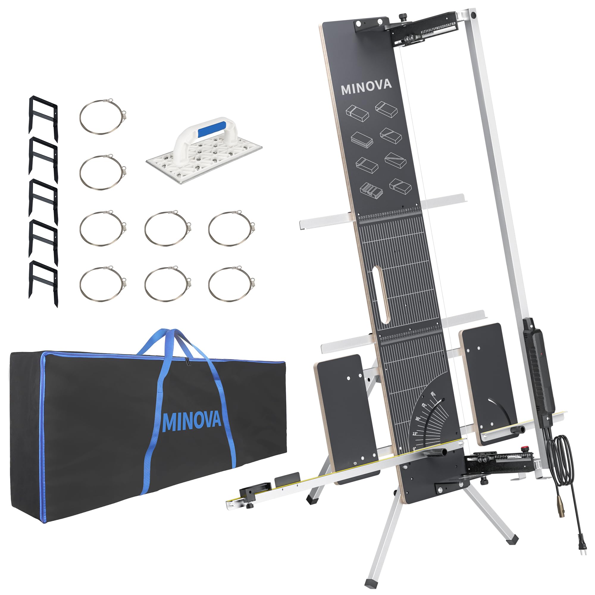 MINOVA Modello 7, taglierina professionale in polistirolo 260 W/alimentazione 1300 mm, raffreddato ad aria, set completo con 8 fili di taglio, 5 manici in polistirolo, supporto per ponteggi