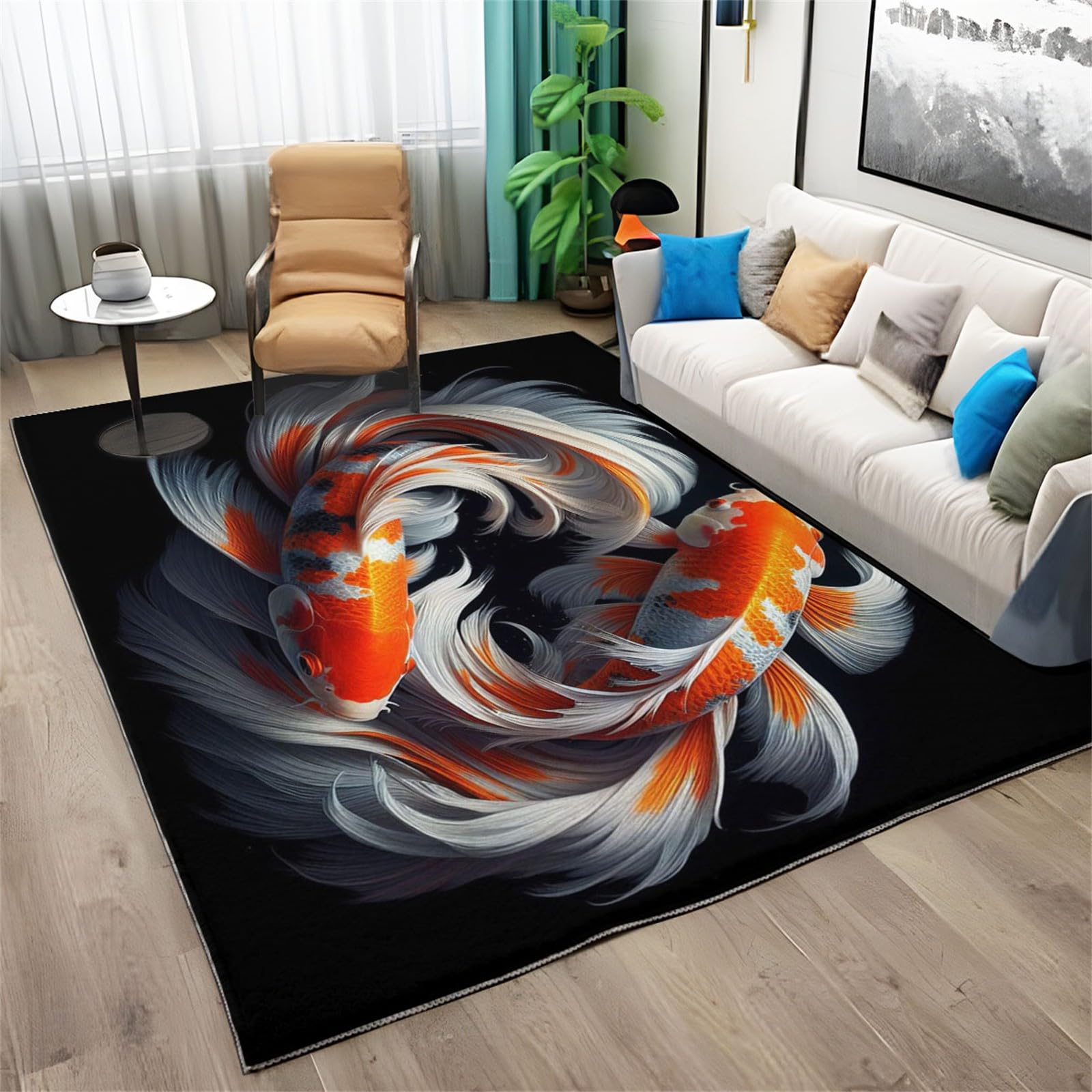 Tapis Salon ModèLe de Poisson Koi de Style Japonais Tapis Poils Courts Flanelle Moelleux à Doux, 80 x 150 cm Moquette antidérapant Lavable pour Chambre Decoration - Entretien Facile, Noir