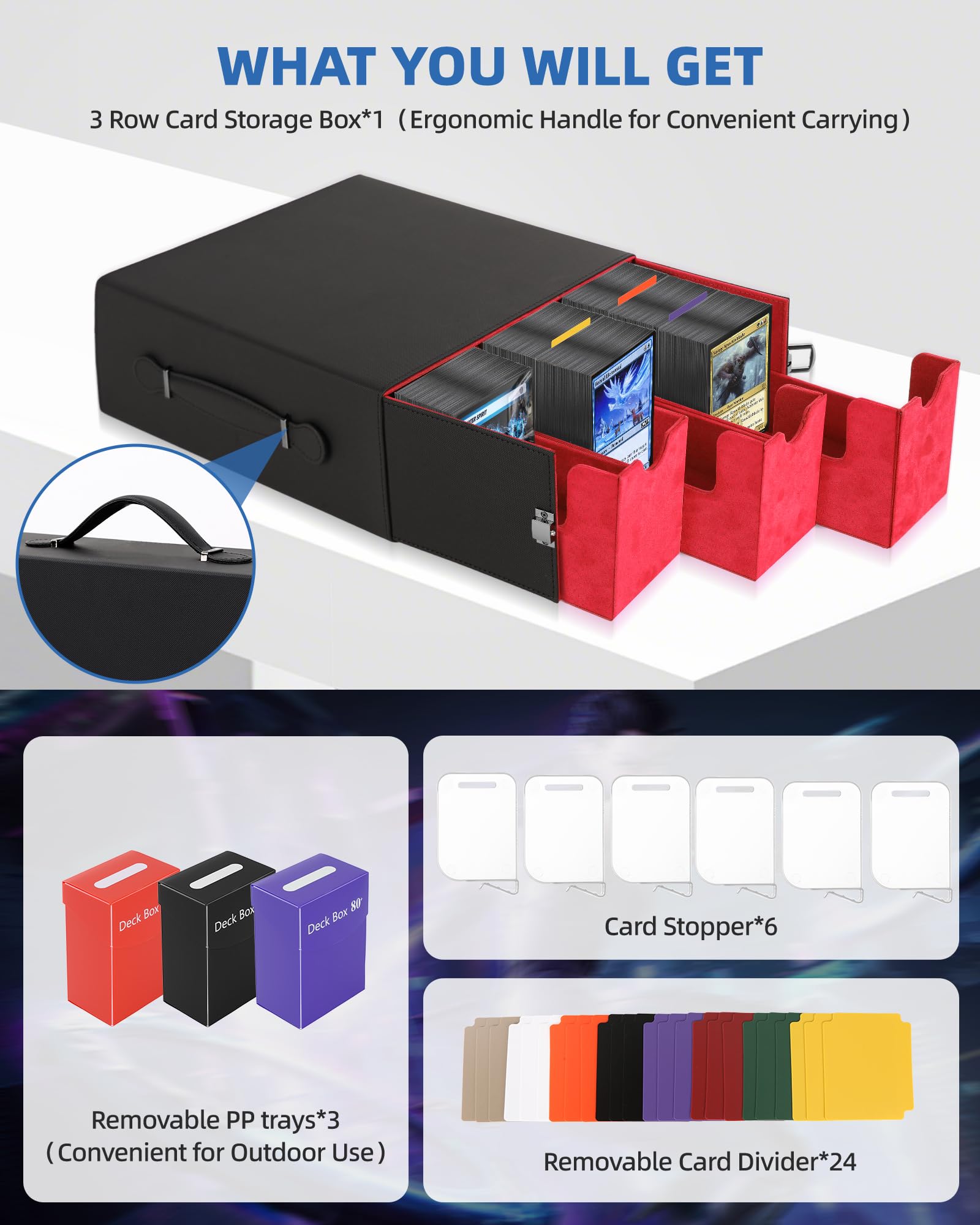 Heypappy Trading Card Storage Box 2400+ Capacity, Includes 3 PP Cases & Handle, 24 Colorful Dividers & 6 Card Supporters - Image 3