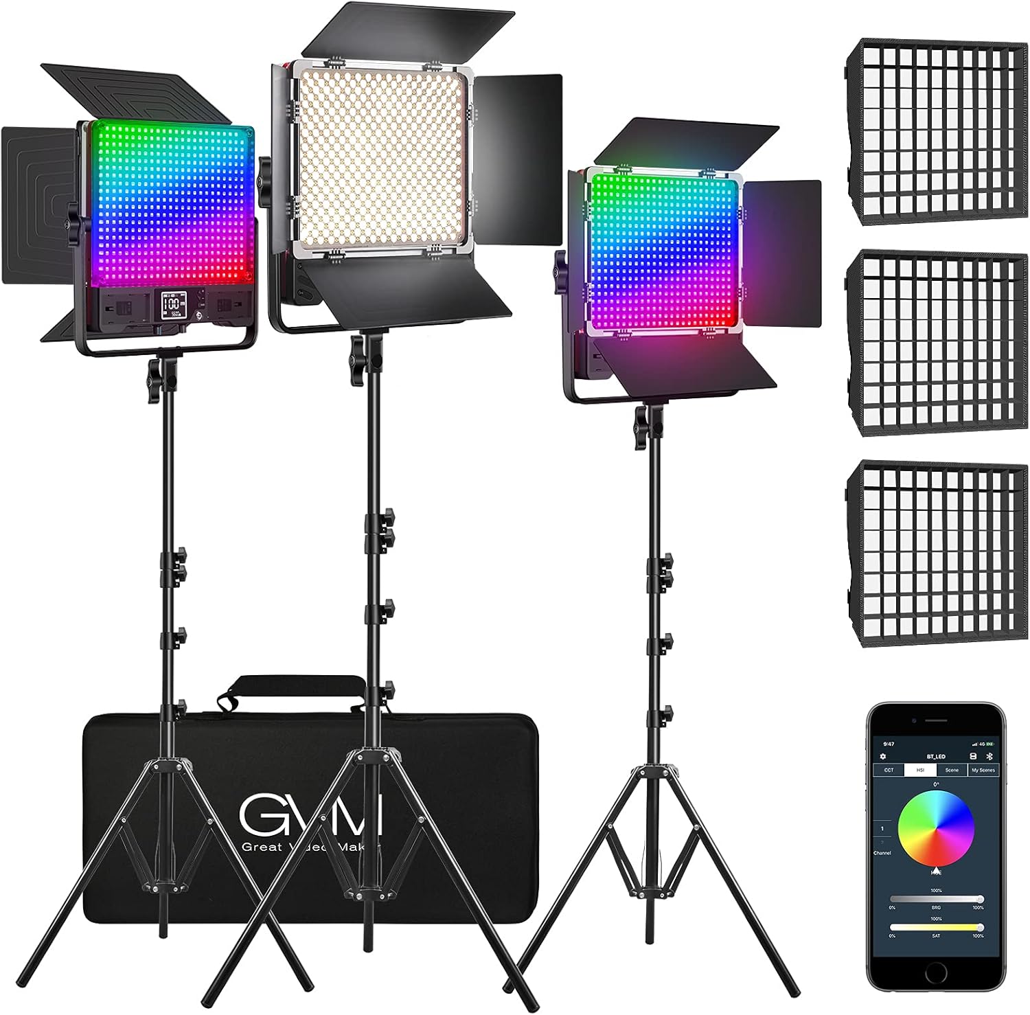 GVM 50SM Pro LED Video Light with Softboxes, RGB+Bi-Color Double Sided, Each Side 50W, Video Lighting Kit with Bluetooth Control, Led Panel Lights for YouTube, Studio, 3 Packs (GVM-50SM-3L)