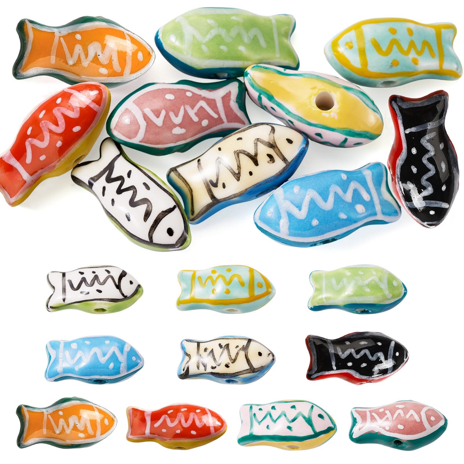 Craftora 10 Pcs Fish Porcelain Beads Famille Rose Handmade Ceramic Beads Ocean Fish Spacer Bead for DIY Craft Bracelet Necklace Earring Jewelry Making