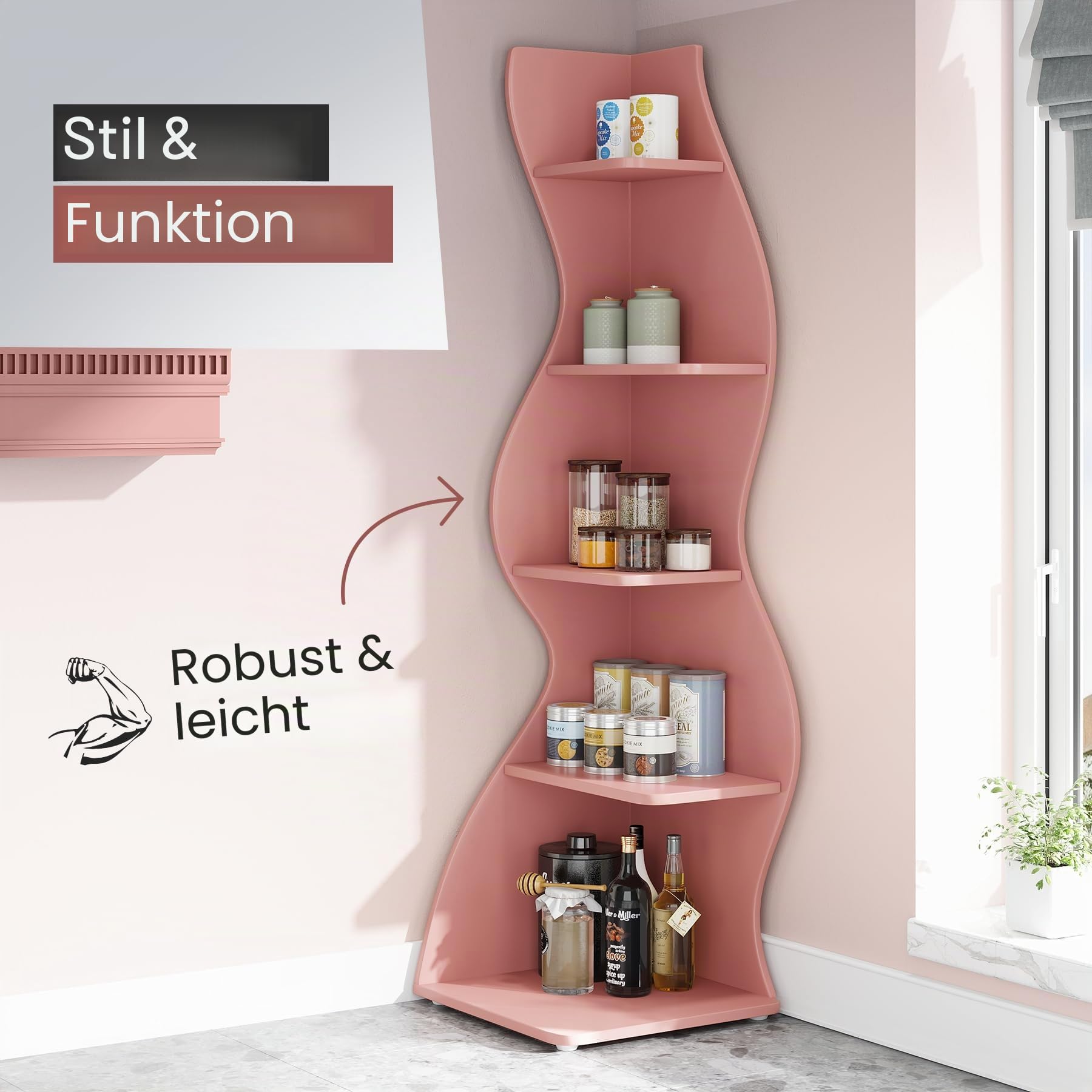 Tribesigns Eckregal, 178 cm hoch, Lagerregal, Bücherregal, Pflanzenständer, Organizer-Einheit, 5 Stufen, Modern, für Zuhause, Büro, Wohnzimmer, Schlafzimmer, Balkon, Rosa, 1 Stück