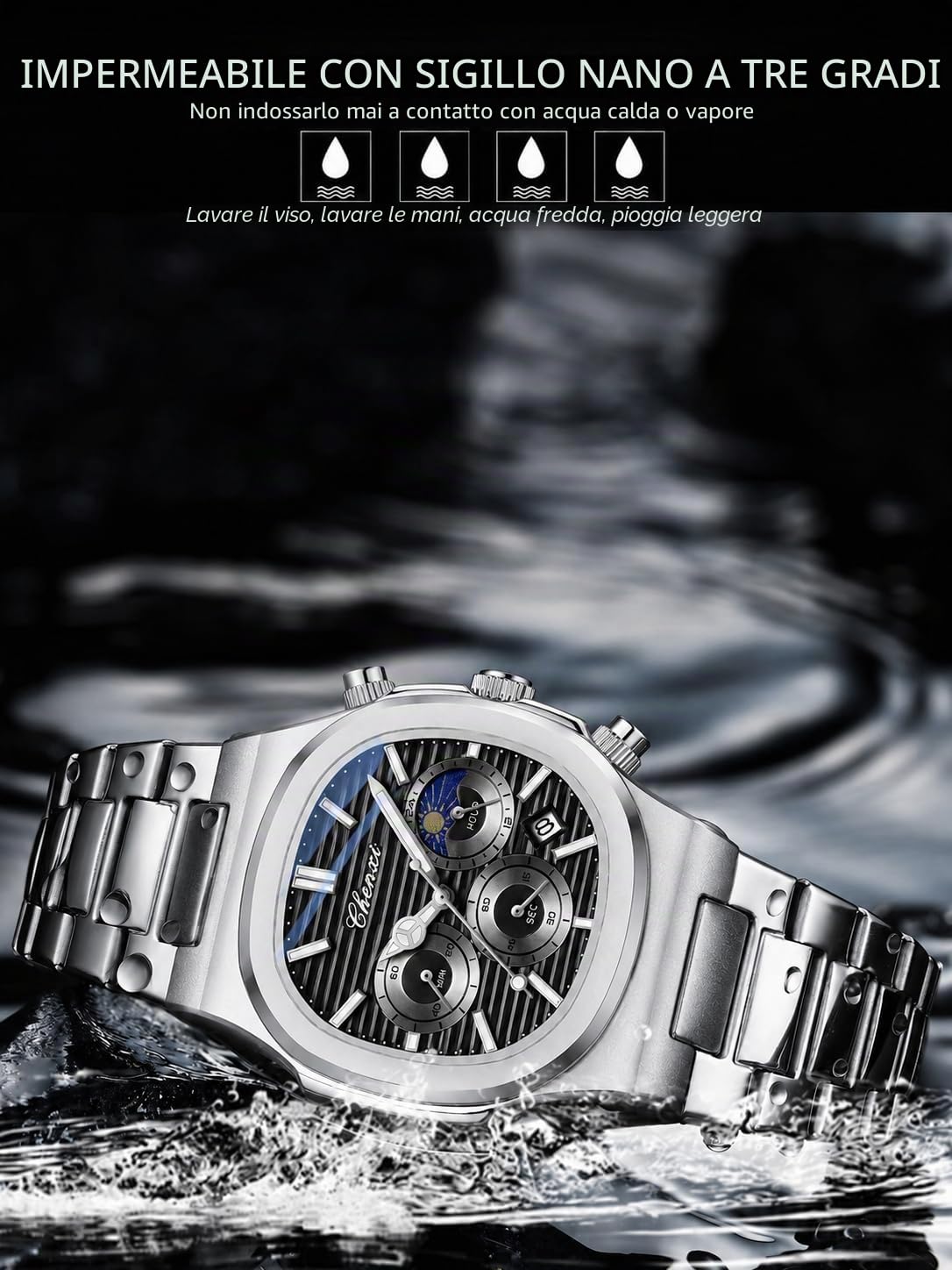 Gosasa - Orologio da uomo alla moda, in acciaio inox, movimento al quarzo, luminoso, impermeabile, con display analogico