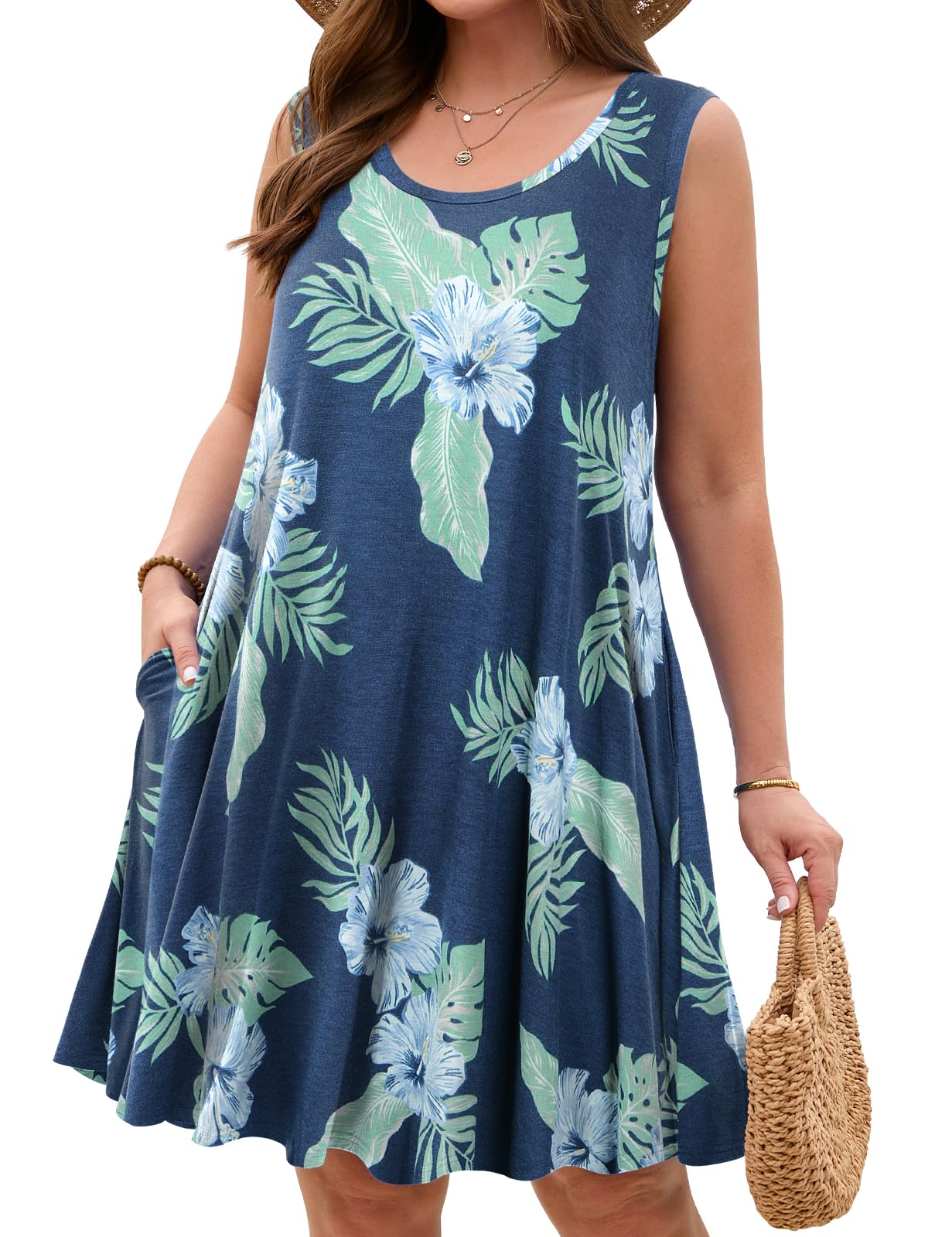JollieLovin Women Plus Size Curvy Summer Tank Sun Dresses Sleeveless Causal T-Shirt Dress Beach Swing Cover up(L-5X)