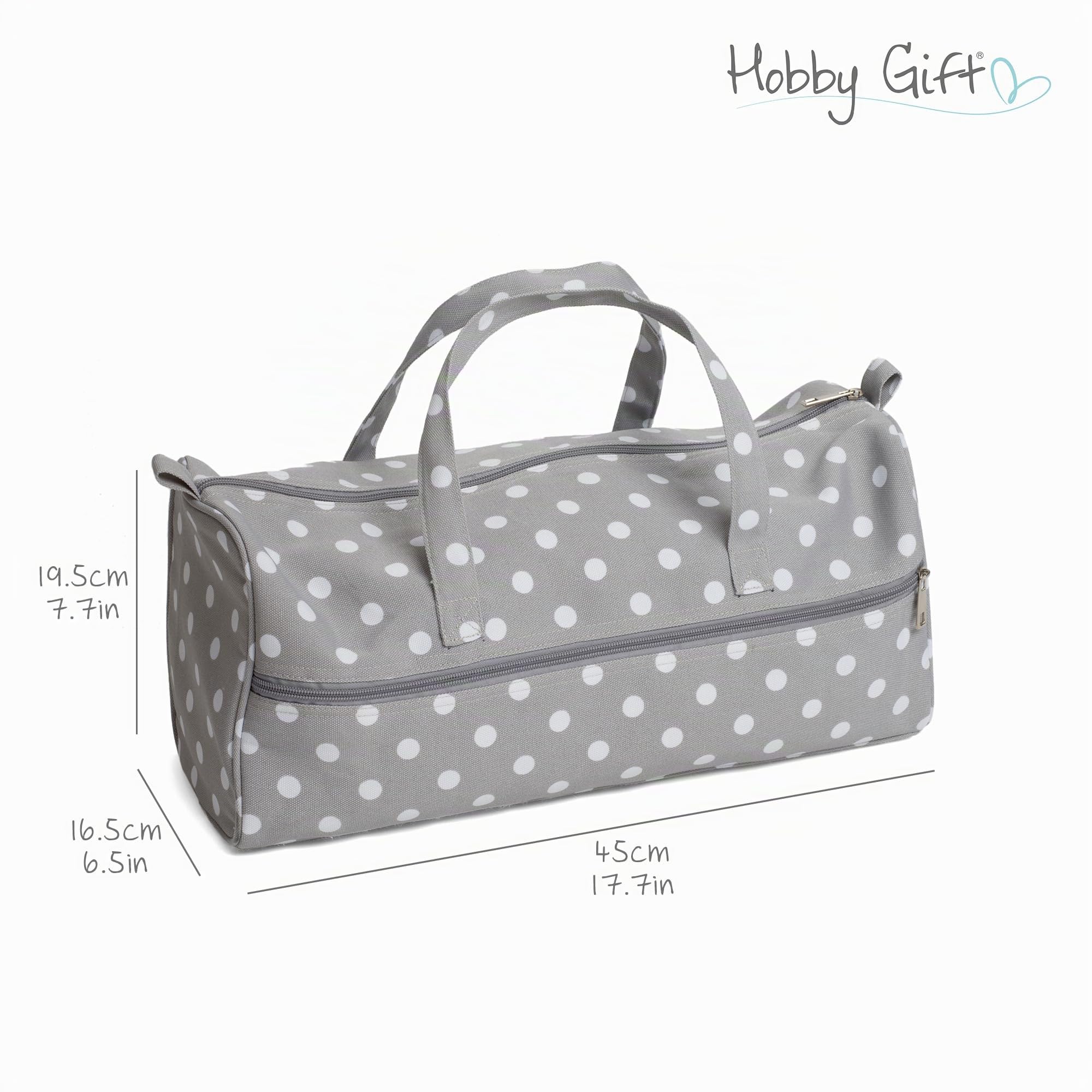 Hobby Gift Bolsa de Tejer Mediana con Cremallera Frontal Completa, Organizador de Crochet y Almacenaje de Lana para Viaje, Bolsa de Costura con Compartimentos, 16 x 43 x 19 cm, Lunares Gris