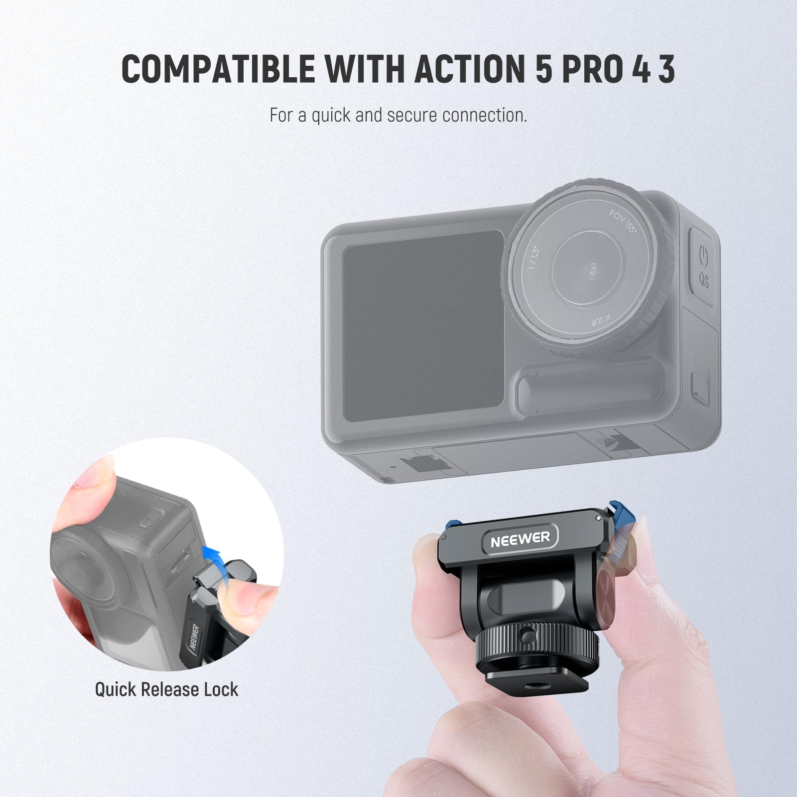 NEEWER Akcesoria do montażu magnetycznego kompatybilne z DJI Osmo Action 5 Pro / 4/3, Quick Release 160° Tilt Action Camera Adapter Mount z zimną stopką, gwint 1/10.2 cm, AC012 ciemnoszary
