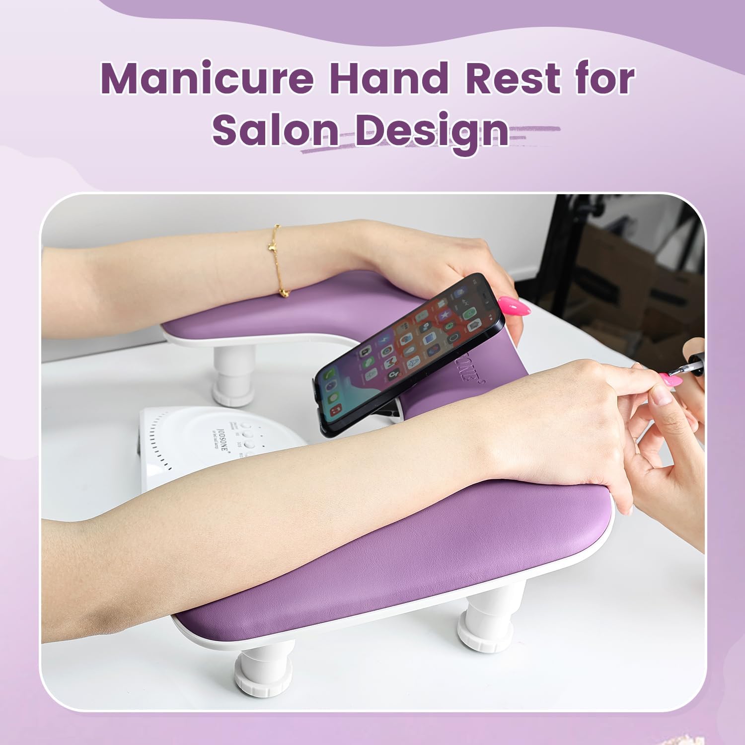 JODSONE Lila U-förmige Maniküre-Armstütze für Nageltechniker mit drehbarer Handyhalterung und verstellbarer Nagelarmstütze Abnehmbare Maniküre-Handstütze für Salon-Design