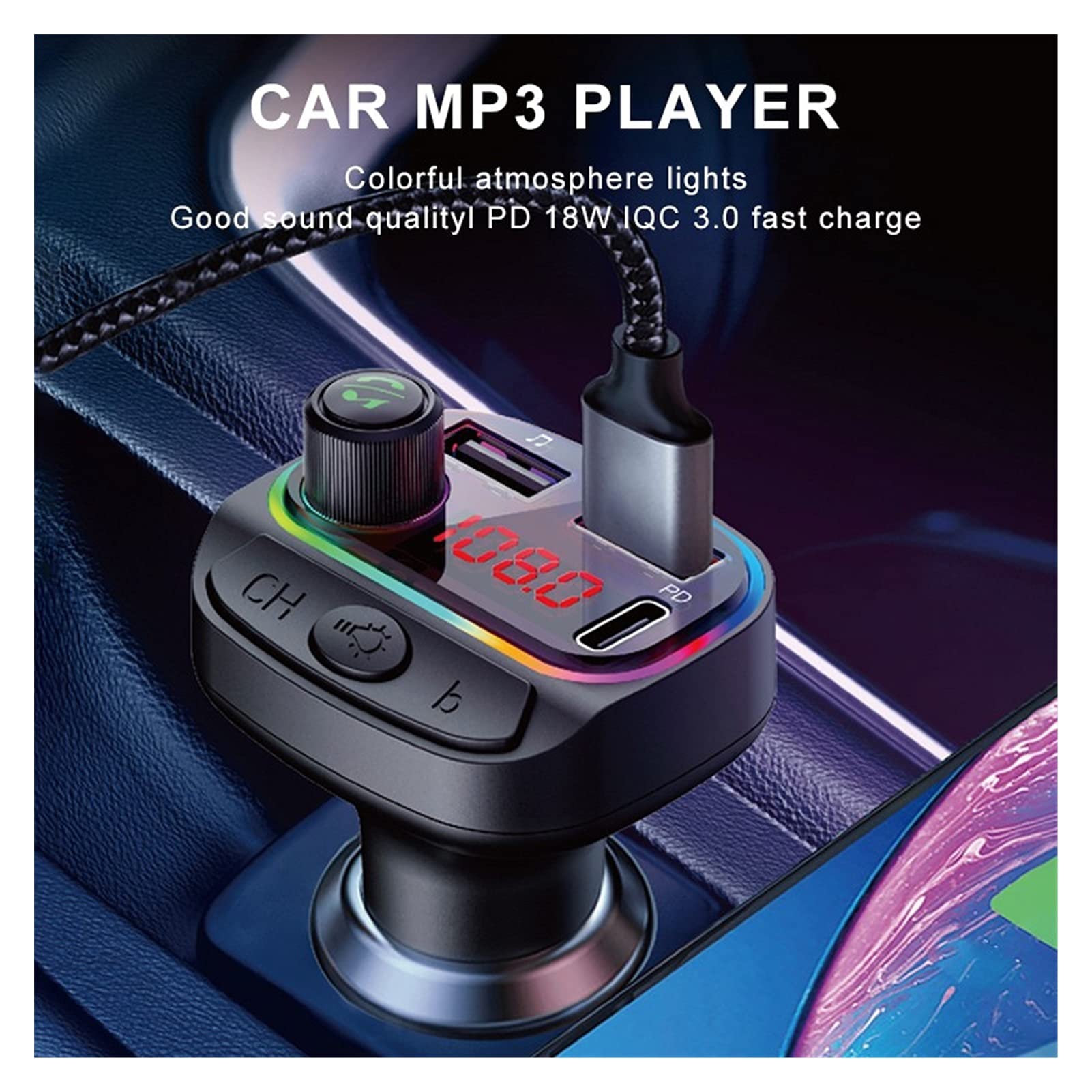 Adattatore Audio Bluetooth. Disco Disk Musica Viva Musica Bluetooth 5.0 FM. Trasmettitore Auto MP3. Player Dual. USB PD18W + QC3.0 Caricatore Veloce One Key Bass (Color Name : C14 QC3.0)