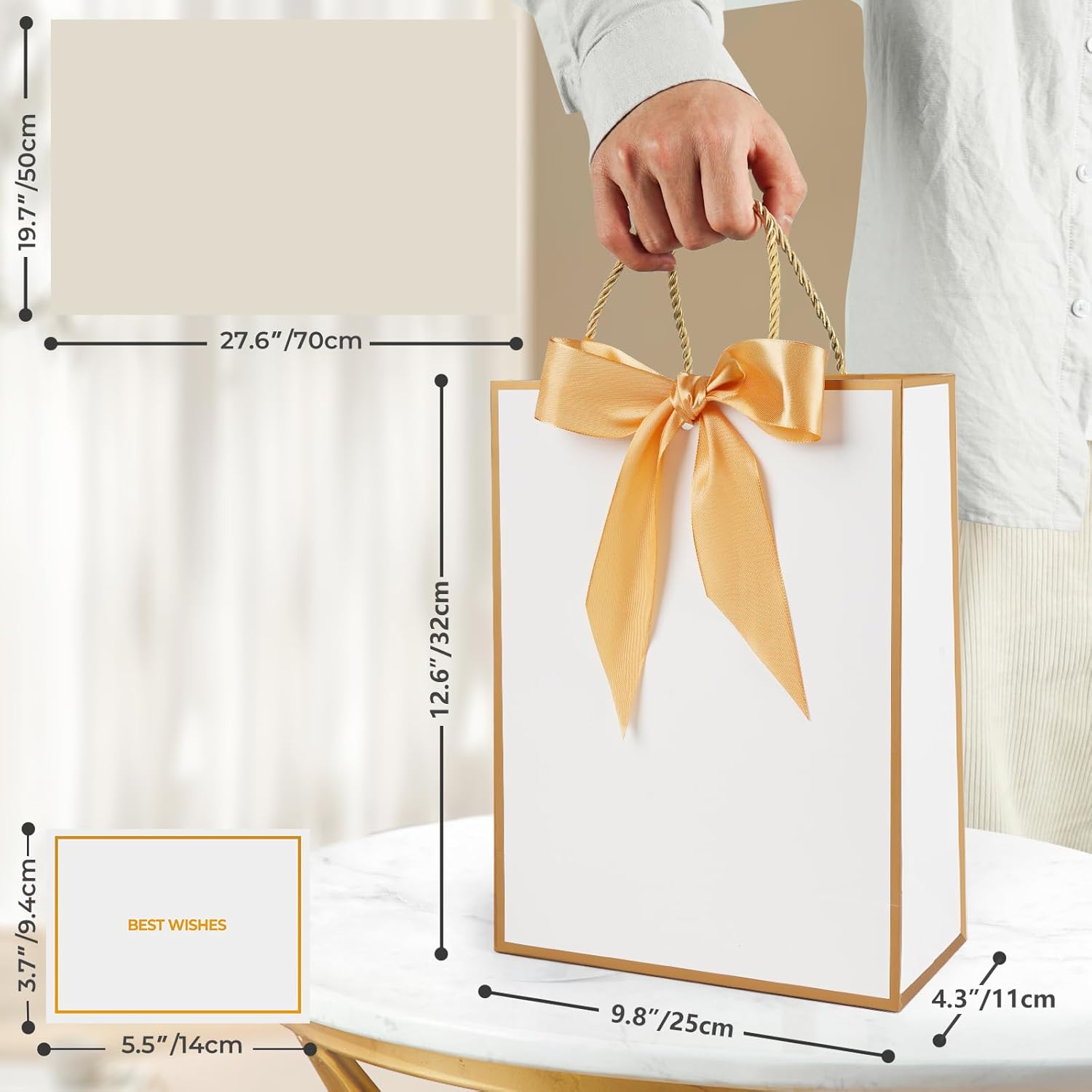 Gfractolux Large Gift Bags, 1 Pack Gift Bags with Tissue Paper and Cards, Gift Bags with Handles for Birthdays, Baby Shower, Weddings, Party Favor, Holiday Presents 9.8"X 12.6" X 4.3" White-Gold - Image 2