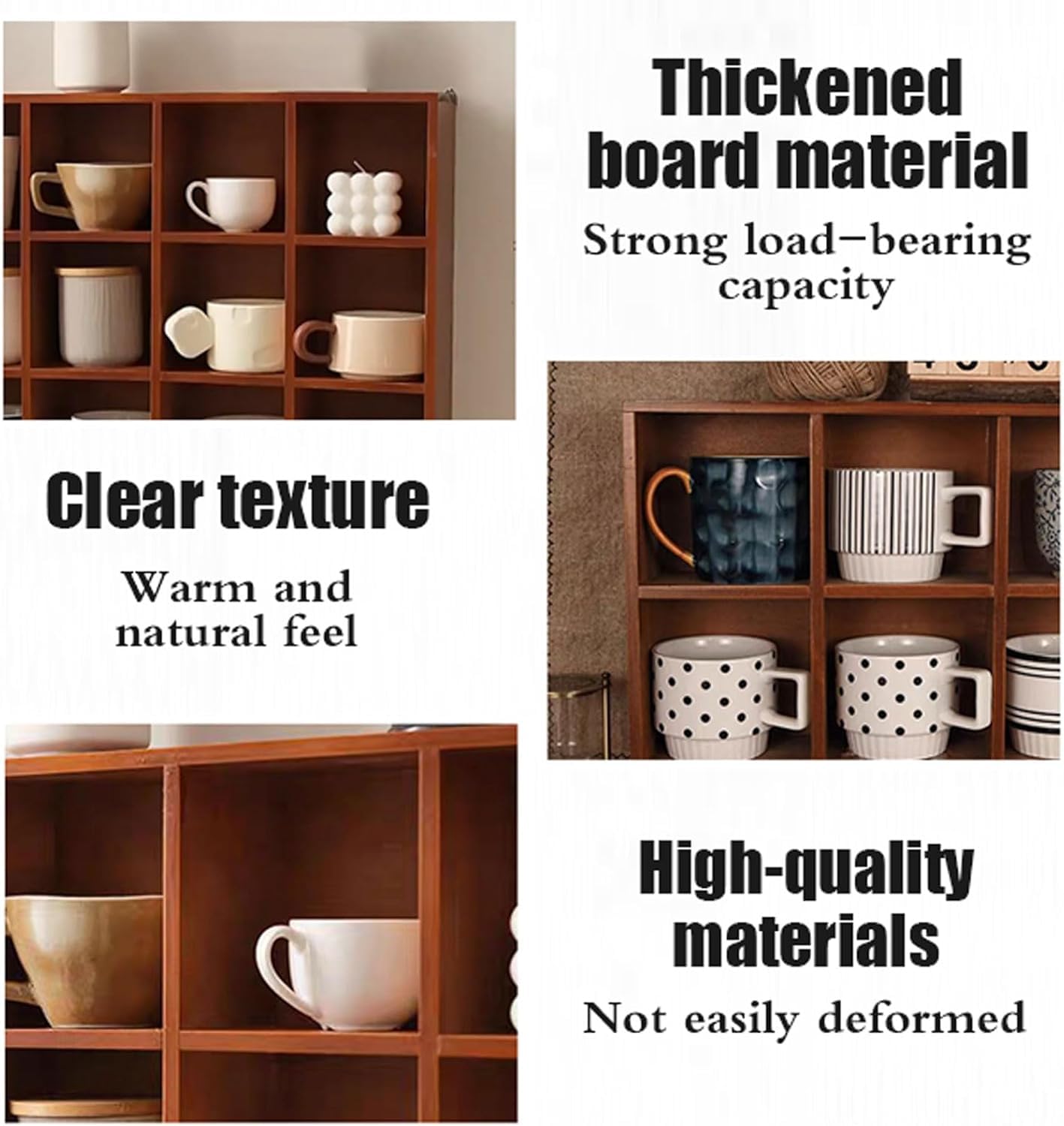 Kaffeebecher-Präsentationsregal zur Wandmontage, Holz-Schattenbox-Regal für Tassen und Sammlerstücke, platzsparendes Regal mit 12 Fächern, für Küche, Büro (Naturholz, 52 x 9,5 x 39,5 cm)