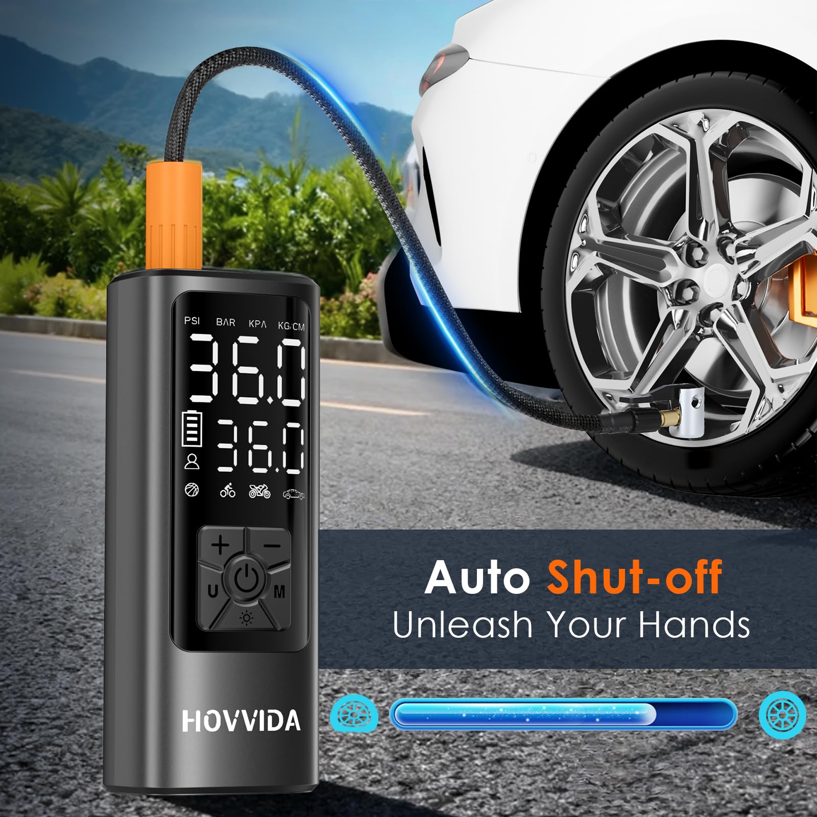HOVVIDA Tyre Inflator Portable Air Compressor, Cordless Car Tyre Inflator 150 PSI (10.3 Bar), Fast Inflation, Auto Shut-Off, 5200 mAh, LED, Air Pump for Car, Motorcycle, Bike, Ball — view 6