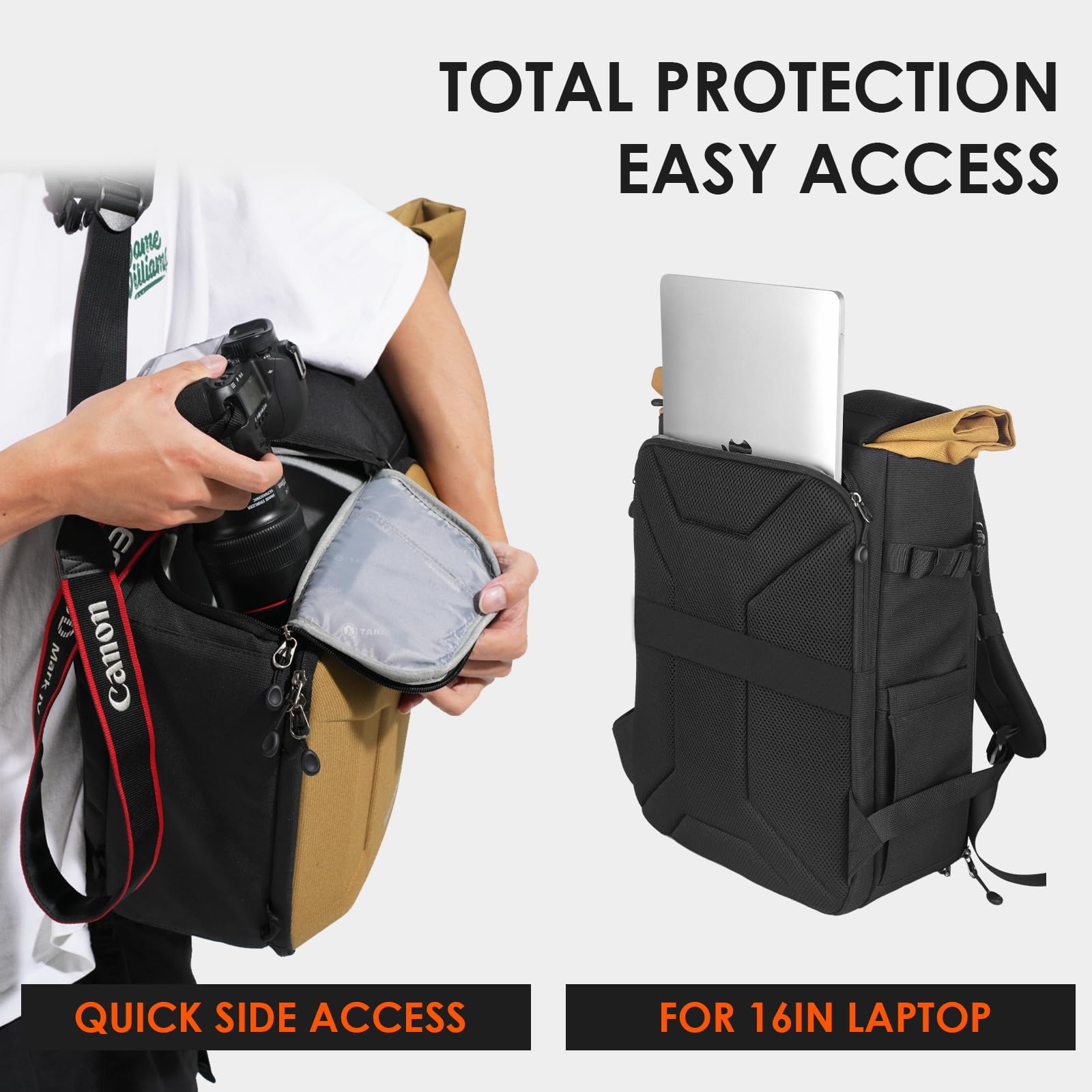 TARION Kamerarucksack Rolltop Fotorucksack mit Hartschale: Professionelle Kameratasche Spiegelreflex mit 16 Zoll Laptopfach für DSLR SLR Kameras Objektive Stativ(Gold)