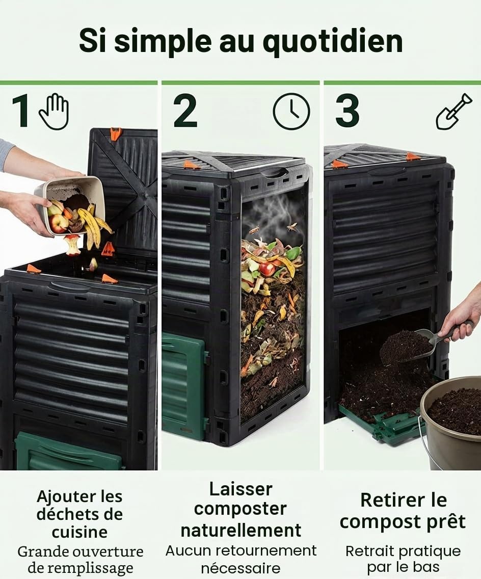 Composteur thermique de jardin 300 l de qualité supérieure avec couvercle rabattable en plastique recyclé 83 x 61 x 61 cm
