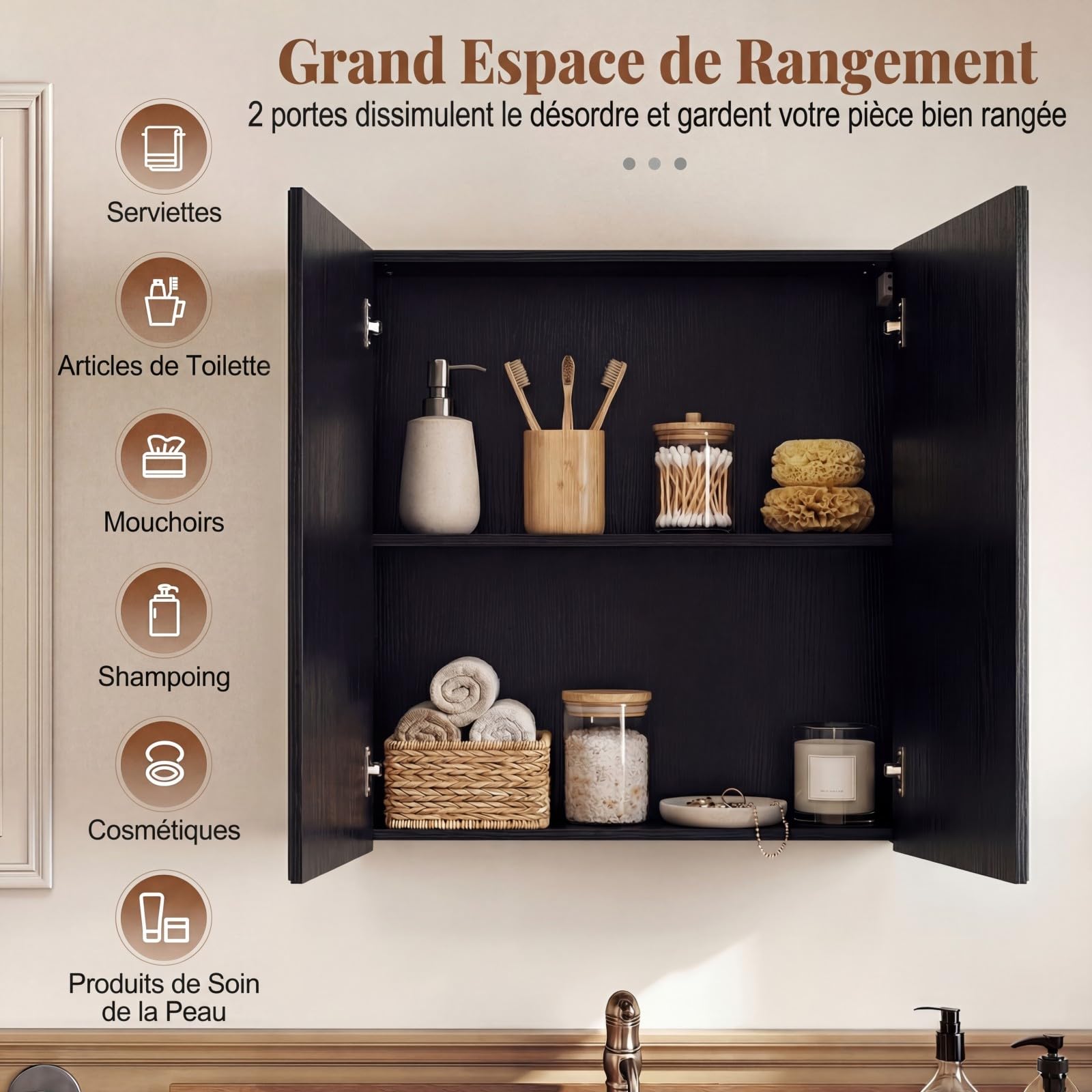 COSTWAY Armoire Murale Salle de Bain avec Miroir, 62 x 65 cm, Meuble Salle de Bain, Placard à 2 Niveaux, Installation en Saillie ou Encastrée, Gain de Place (Noir)
