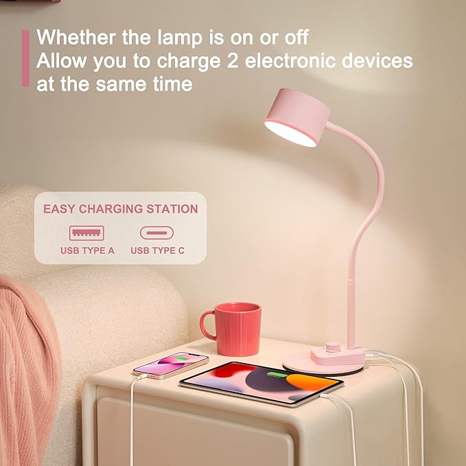 LiFMIRA Cute Desk Lamp with USB C + A Charging Port, 5 Colors Dimmable Reading Lamps, Minimalist Pink Lamp for Kids, Eye Care Metal Bedside Table Lamp with Timer Flexible Desk Light for Home Office photo 3