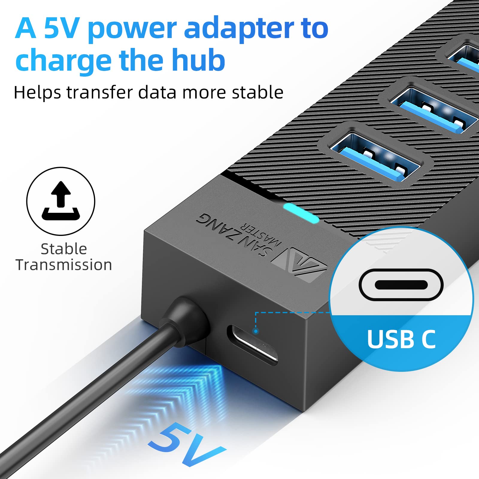 Hub USB 3.0 a 7 porte, SAN ZANG MASTER USB 3.0, 5 Gbps, estensore USB ad alta velocità per laptop, unità flash USB, hard disk portatile, stampante, fotocamera, tastiera, mouse, Windows/XPS (50 cm)