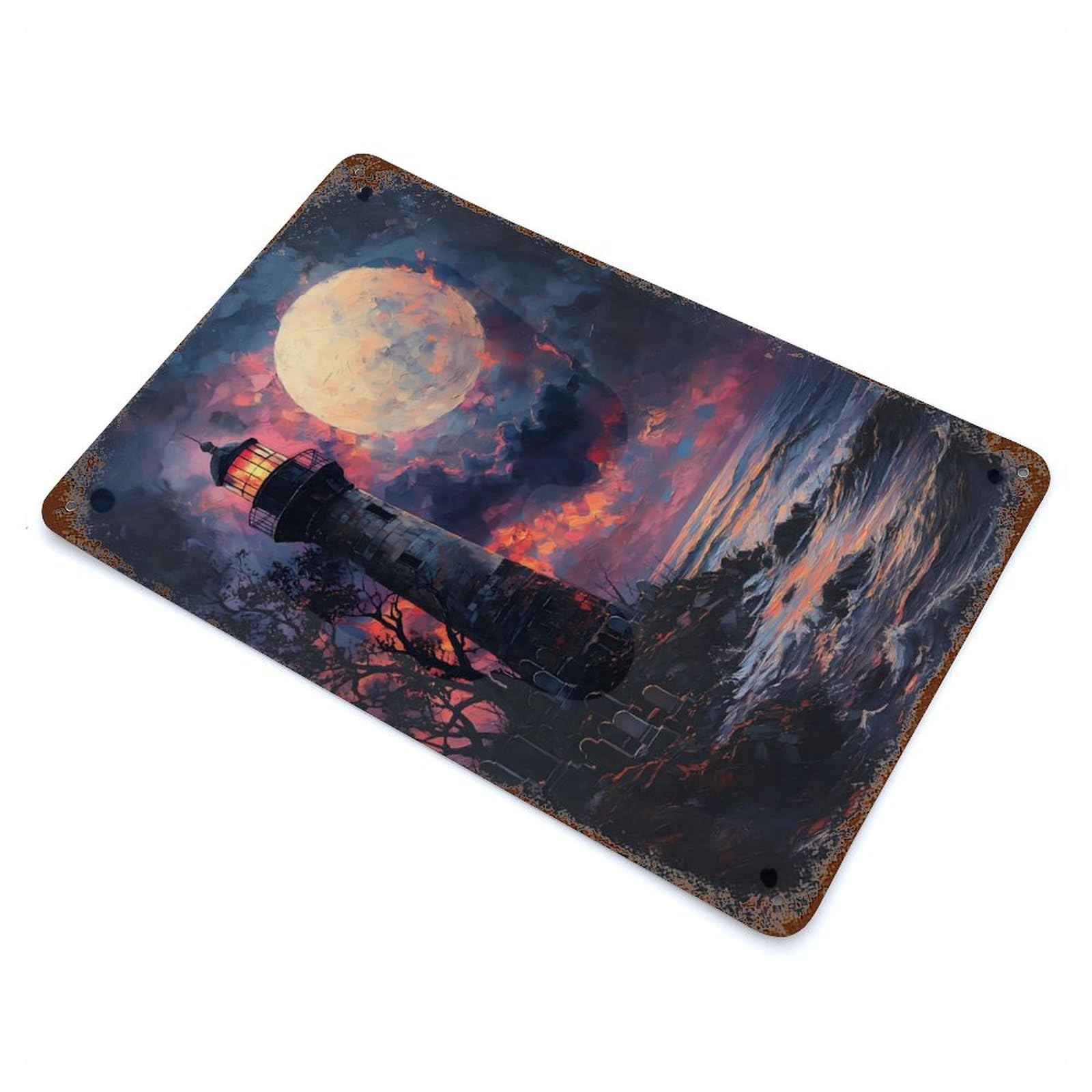 Garage Style Sunset Ocean Lighthouse Aged Metal Wall Plaque 11.8"x7.9", Vintage Wall Decor for Bar And Workshop