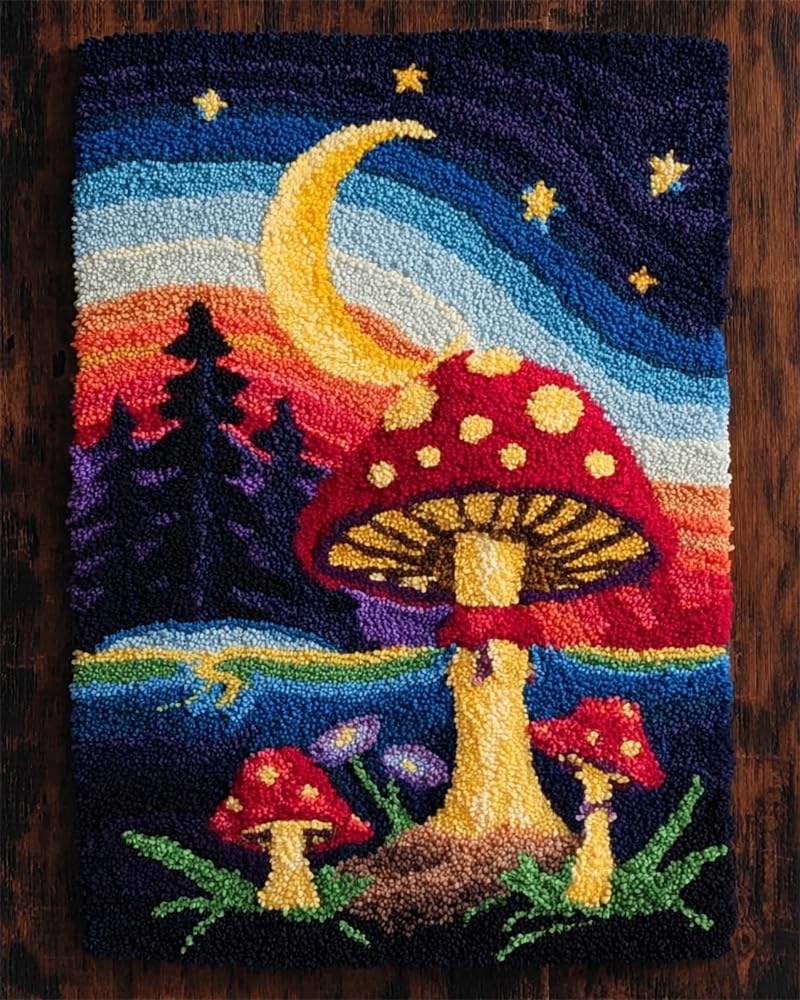 FWRTYCB Latch Hook Kits for Adults -Starry Night Mushroom DIY Latch Hook Rug Kits, 20X15Inch Crochet Kit for Beginners, Rug Making Kits with Printed Canvas, Gift Packaging