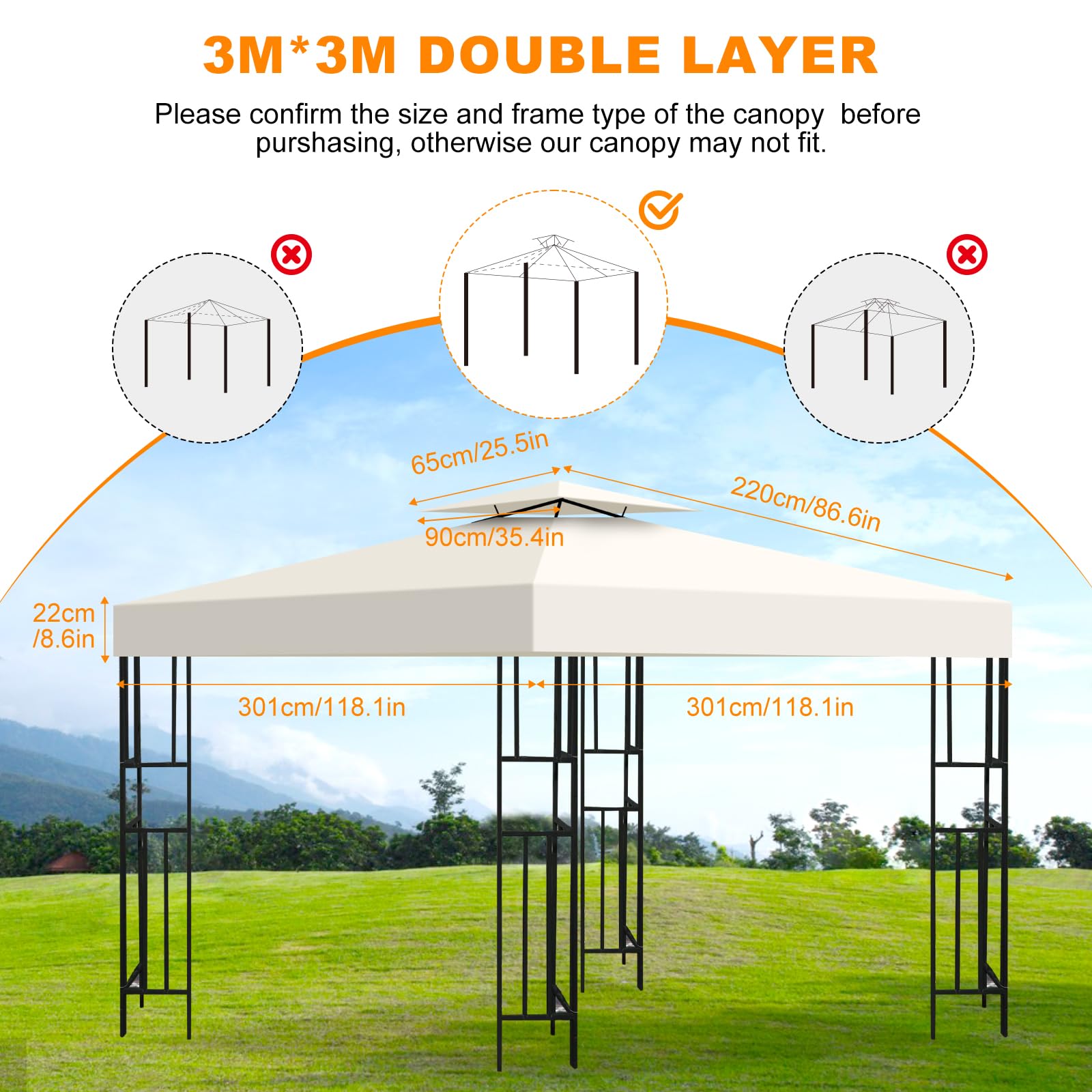 Telo Gazebo 3x3 m Impermeabile Anti-UV, 2 Livelli Tetto di Ricambio per Gazebo, Tenda da Sole Gazebo Rimovibile, 300D Poliestere Telo Ricambio Gazebo per Giardino, Patio, Esterni (Beige)