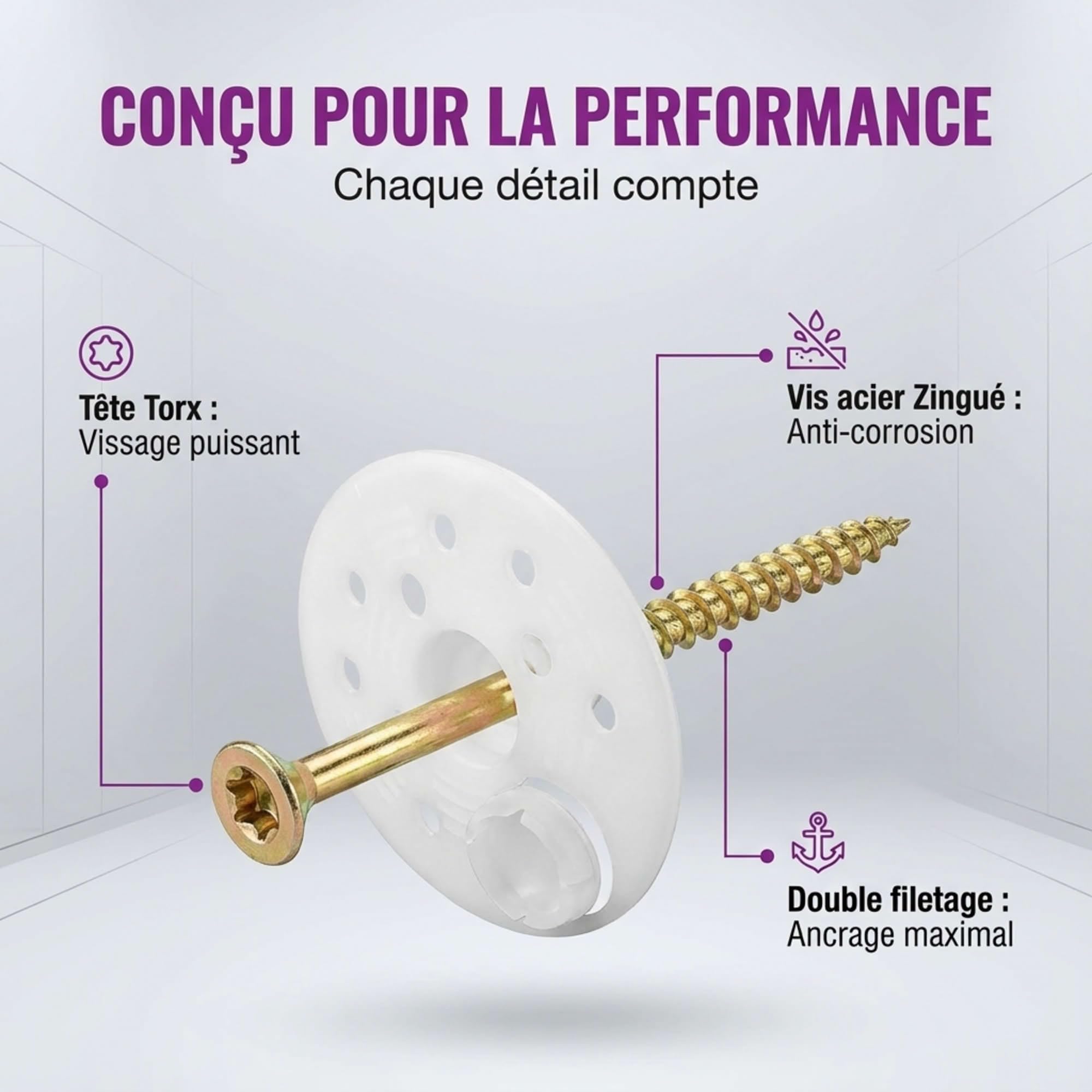 Rondelles d'isolation D.60 mm 100 pièces + Vis à bois Torx double filetage 100 mm