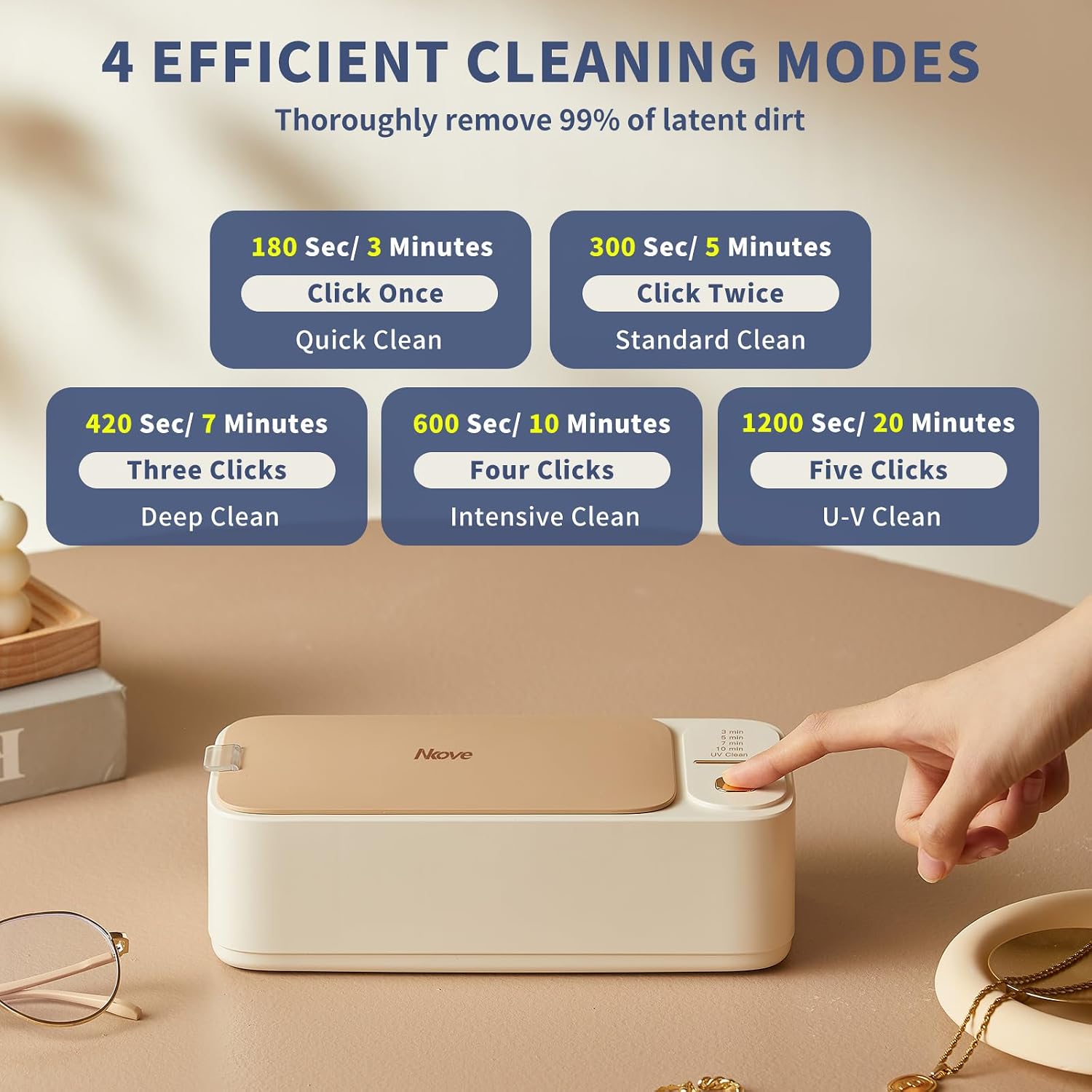 Nkove Ultrasonic Jewelry Cleaner with Retainer-Safe Tray, 4 Timer Modes, 47KHz Ultrasonic Cleaner Machine for Jewelry, Eyeglasses, Necklaces, Retainers, Dentures, Watch Strap (Rimini White）