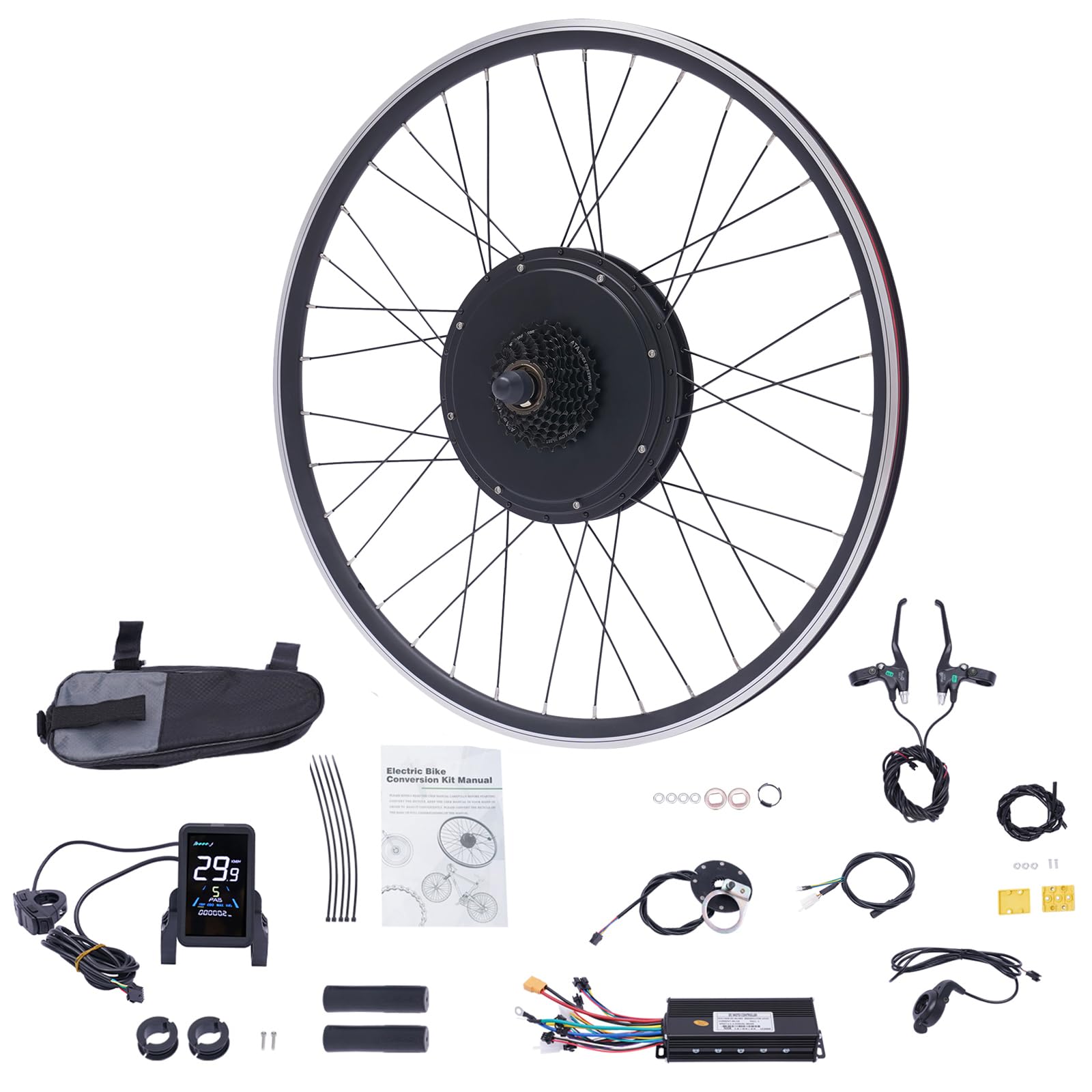 Zestaw do konwersji roweru elektrycznego 500 W/1000 W, 28", 29", 700C, z wyświetlaczem LCD, zintegrowanym kontrolerem, PAS, czarny