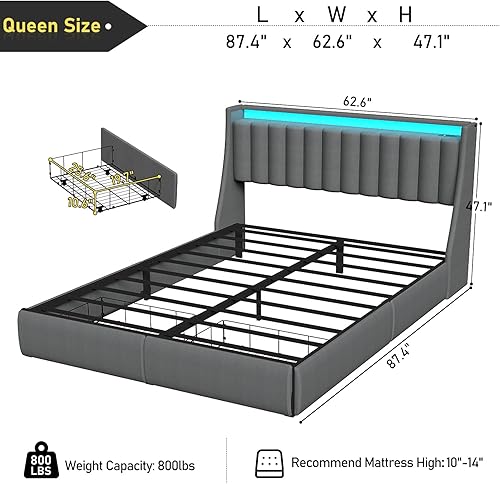 Miniatura 2 de SADENICEL Base de cama Queen con cabecera y 2 cajones de almacenamiento, marco de cama de metal tamaño Queen tapizado con luces LED, estación de