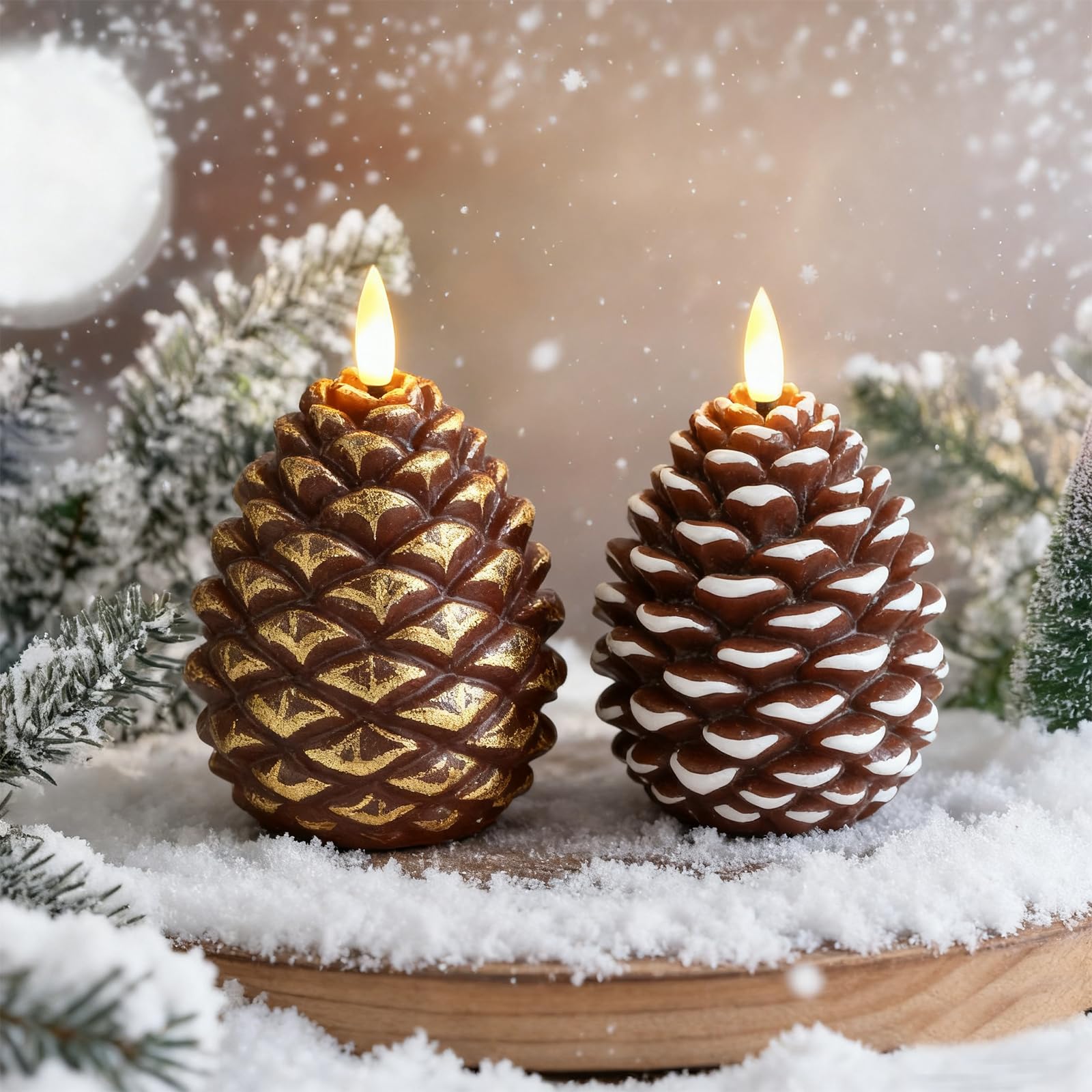 Mzvoo 2Pcs Flameless Candles Led Pine Cone Flickering,2 Pcs Flameless Pinecone Candles Battery Operated,Led Pine Cone Flickering ，For Home Decor, Present, And Seasonal Displays
