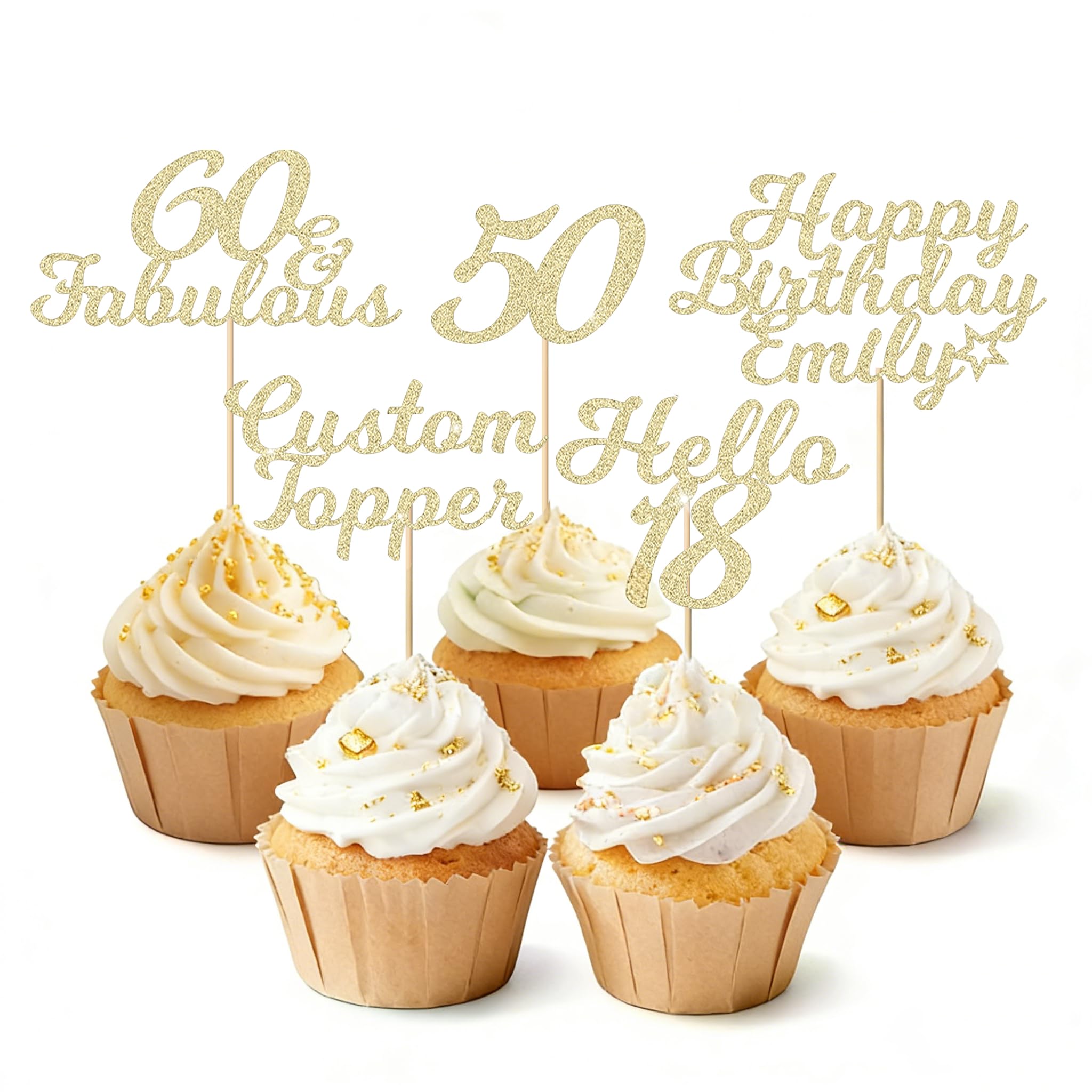 EDSG Personalised Cupcake Toppers, 24pcs Glitter Happy Birthday Cupcake Toppers, Custom Cake Decorations with Any Text for Birthday, Wedding, Anniversary, Graduation, Baby Shower (Champagne Gold)