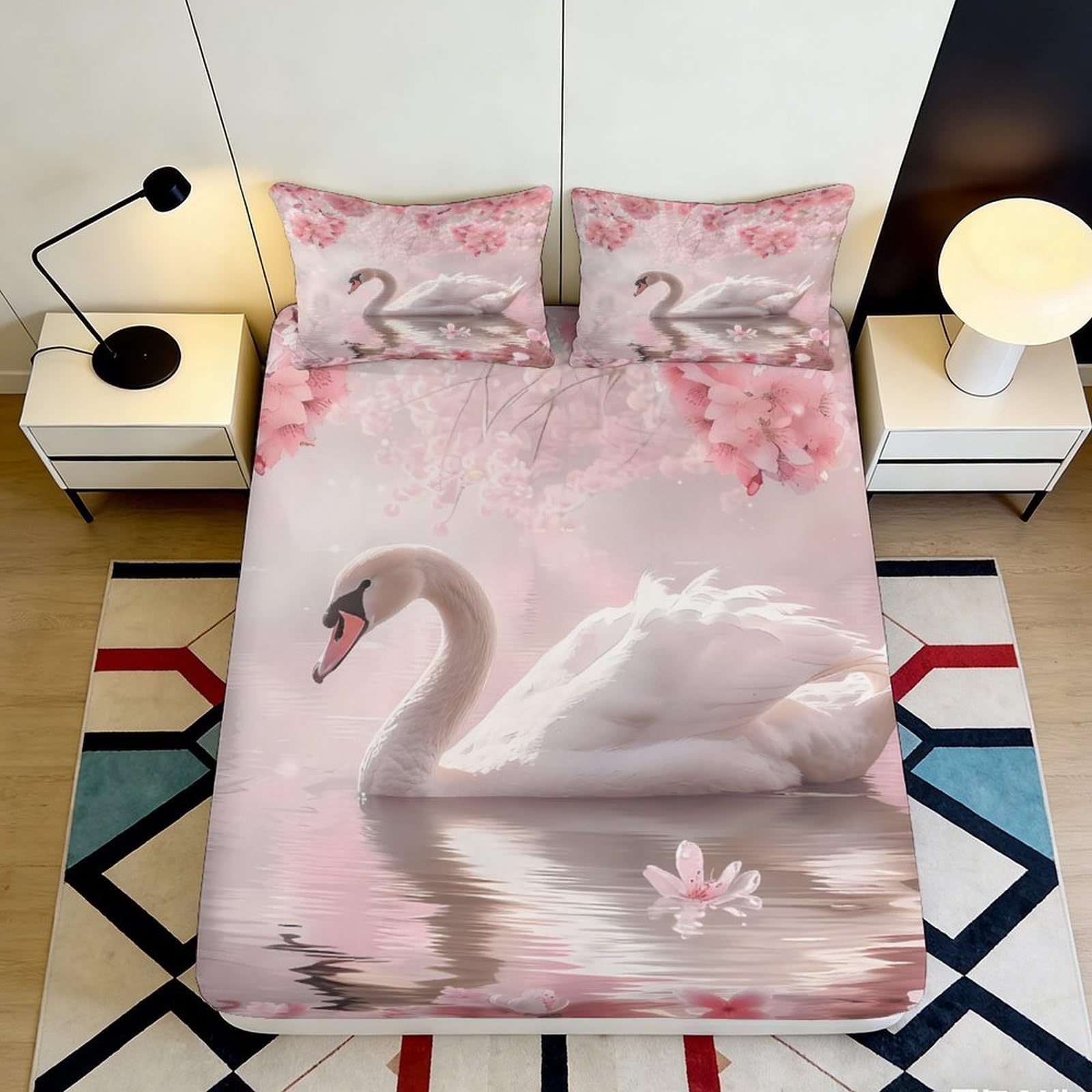 Pnayamiorkfel Style-5 3D Printed Swan Blossom Fitted Sheet Microfiber Pink Artistic Bed Cover For Bedroom Guest Room Decor Protection 90X200x25cm