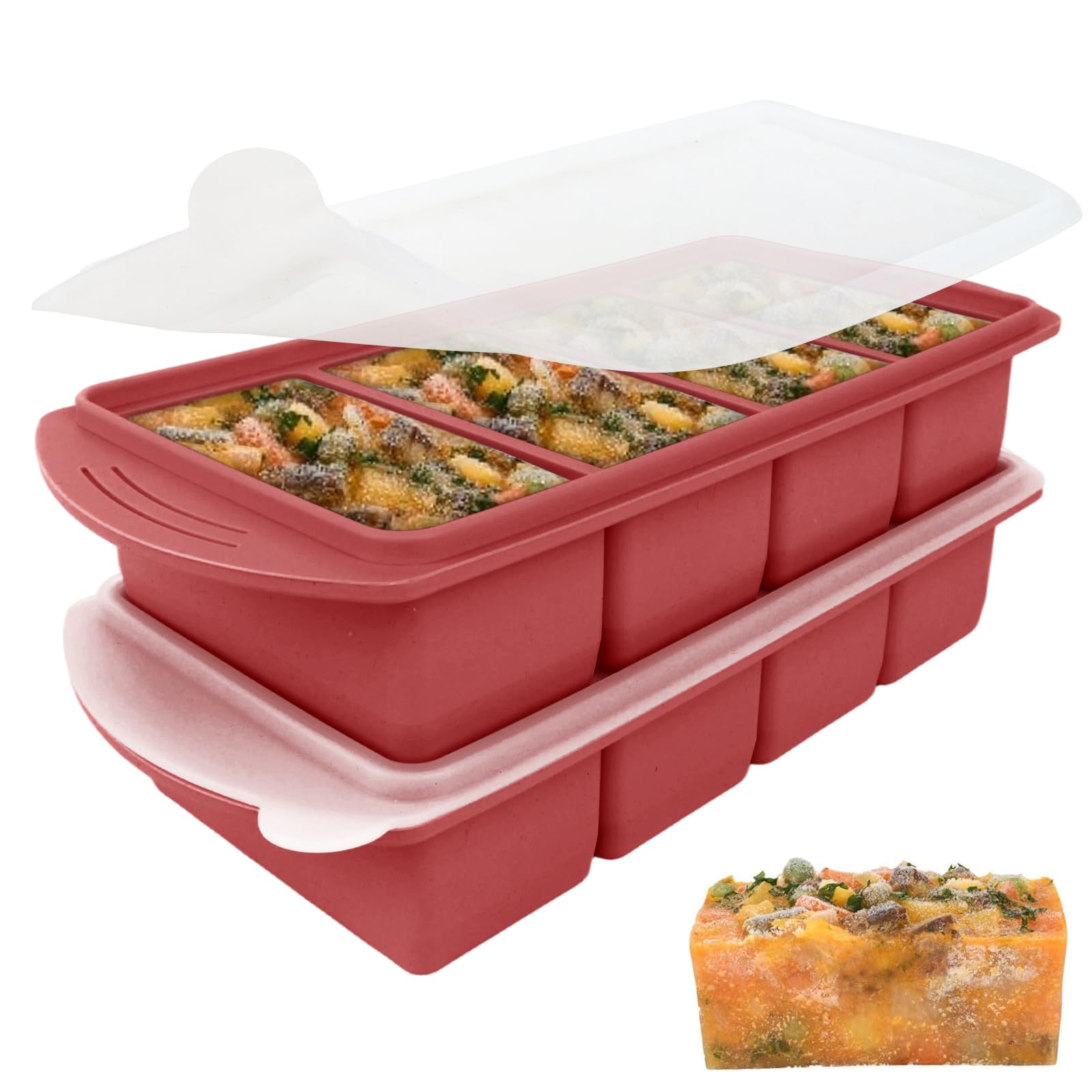 Jonuin 2 Pack Soup Cubes Silicone Freezer Tray, Soup Freezer Containers with Lid, Large 4-Compartment, Makes 8 1-Cup Portions Cubes, Silicone Freezer Moulds for Meal Prep, Soups, Sauce (Red)