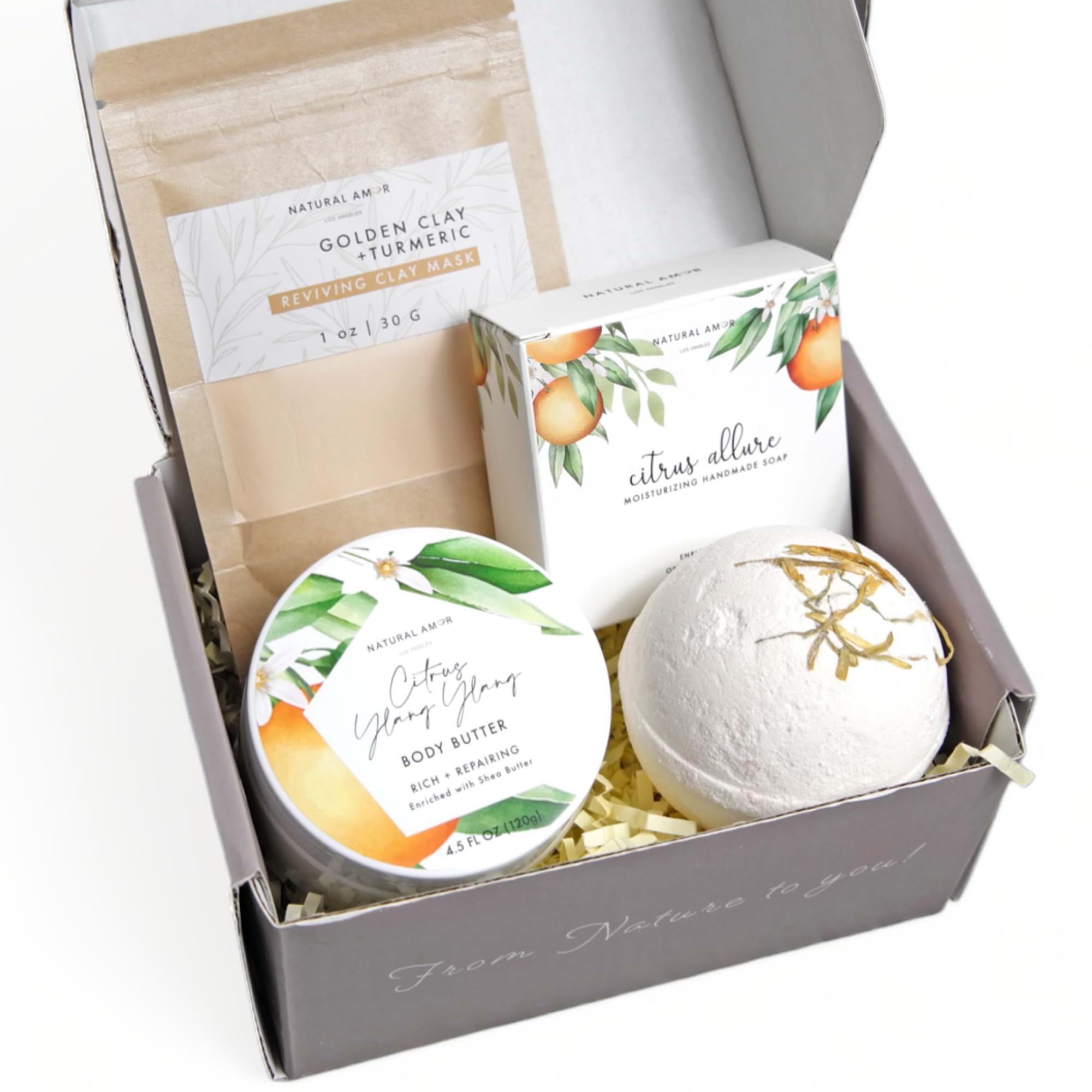 Natural Amor Handmade Bath Body Gift Set,6 pcs Self Care Gift for Women,Includes Soap Bar, Bath Bomb, Clay Mask, Candle- Thank you Gift for Pampering