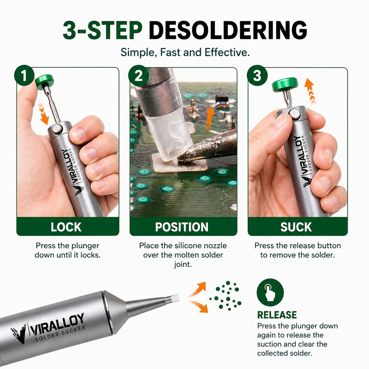 Solder Sucker Tool No Clog Desoldering Pump Soldering Sucker Perfect Desoldering Tool for Solder Remover with Strong Suction, Heat Resistant Pinecil Nozzle for Smooth Inrush