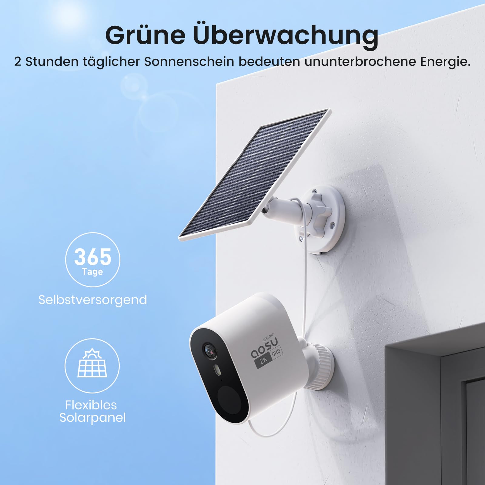 aosu 2K Überwachungskamera Aussen Solar Akku, 32G Lokal, Ohne ABO Nötig | 2 Cam Kit, 166° Weitwinkel, 365 Tage Akku, PIR Personenerkennung, Scheinwerfer, 2-Wege, IP66, für Haus & Garten