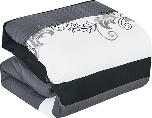 Vista 9 de Chezmoi Collection Napa - Juego de edredón de lujo de 7 piezas con bordado de hojas (tamaño matrimonial, negro/gris/blanco)