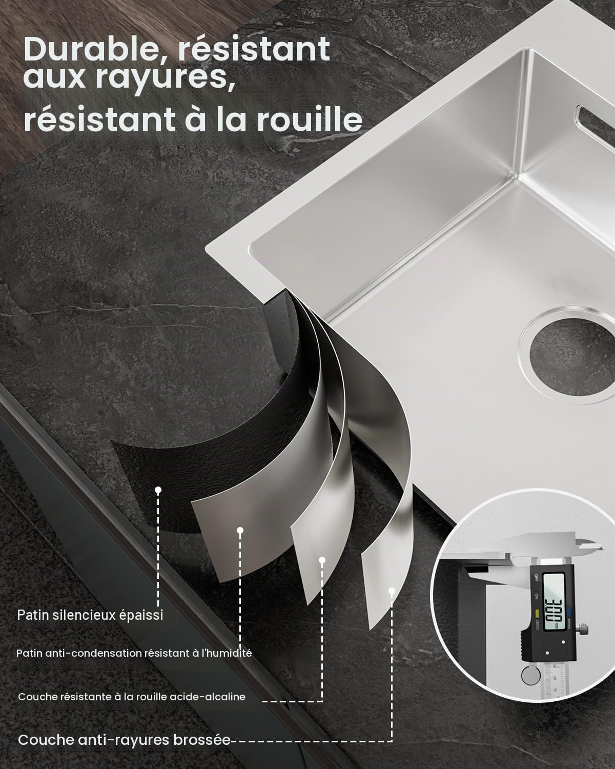 Évier de Cuisine, 45 x 45 cm, Rectangulaire, en Acier Inoxydable 304, avec Siphon, Lavabo de Cuisine, pour Armoires Inférieures à Partir de 45 cm de Large, 1 Evier Encastrable en Acier