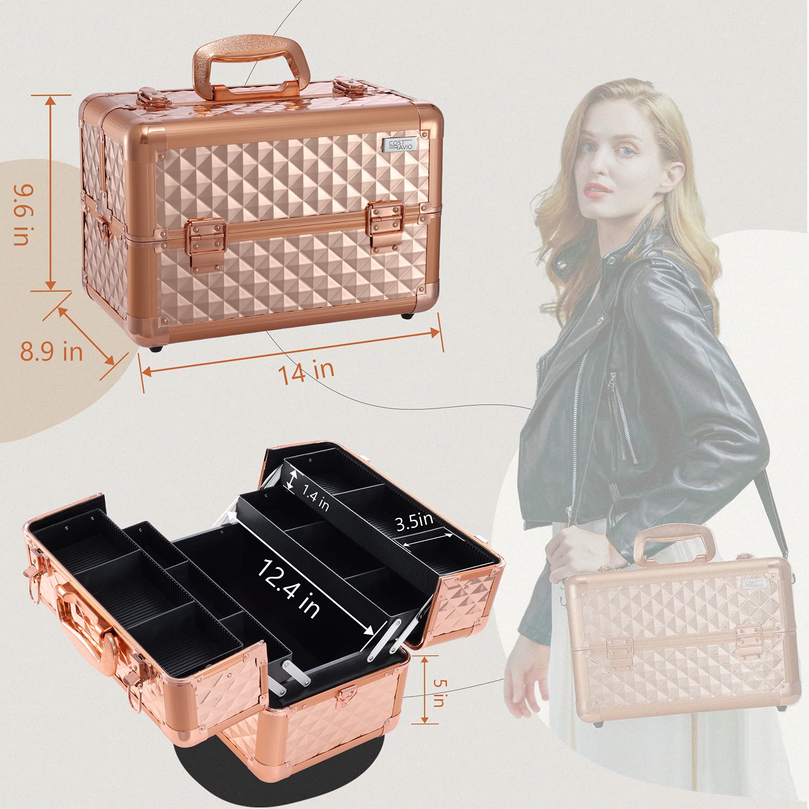 Mallette Maquillage Grande Vanity MaquillageMallette Rangement Maquillagey Vide Mallette à Onglerie en Aluminium avec Bandoulière Beauty Case de Voyage Make up Case, Or Rose